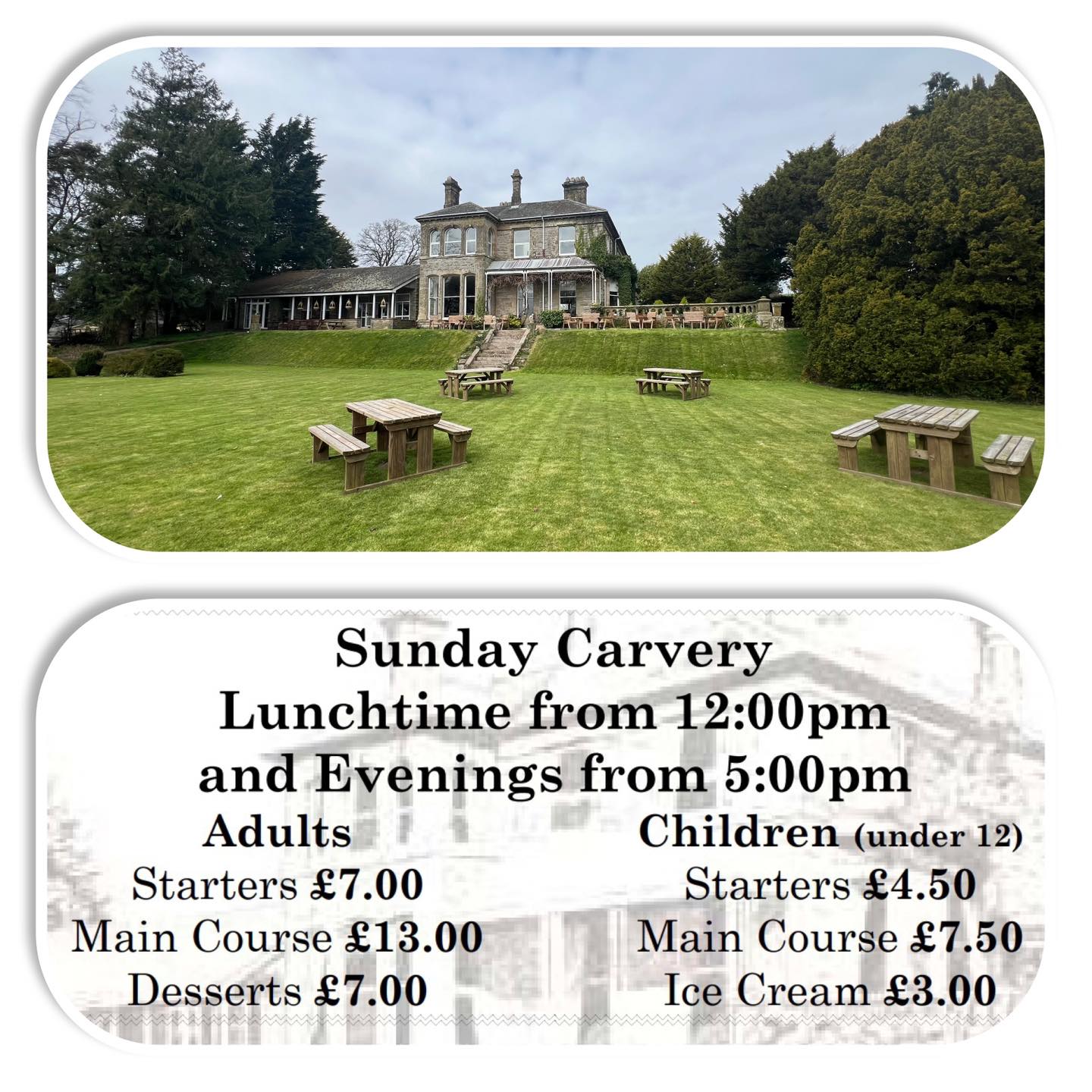 SUNDAY CARVERY
serving tomorrow - Sunday Afternoon from 12pm and Evening from 5pm
Todays meats are - Beef, Chicken, Ham, Cumberland Sausage and Steak Pie
Takeaways available
Call or message to book now
01900 824400
