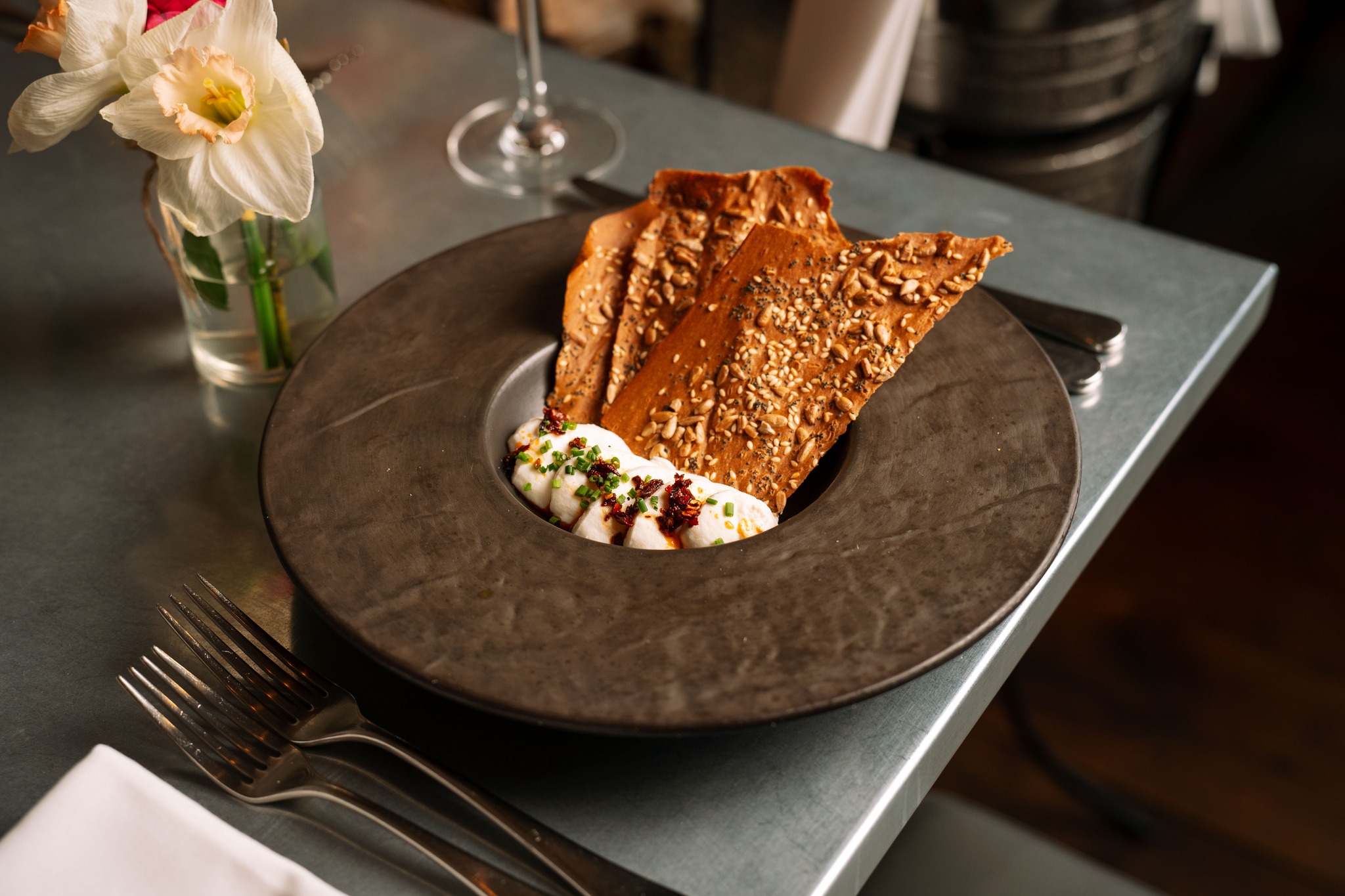 Whipped Ricotta, Crispy chilli oil (v)�
Light, creamy and just the right amount of heat.�
#thedogatwingham #springmenu #top50gastropubs #visitkent