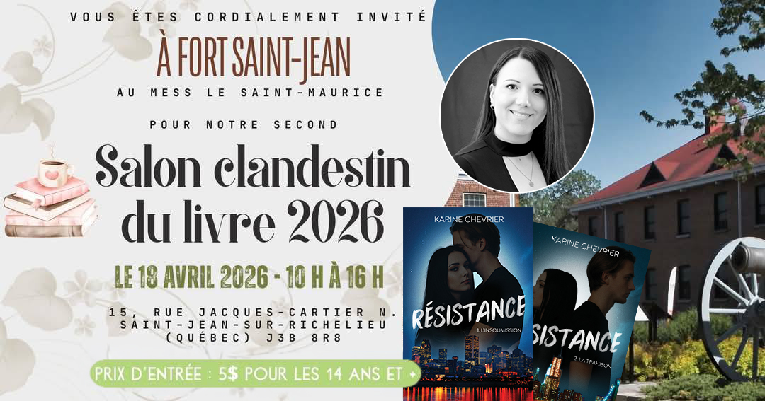 Ça s'en vient ! ✨ As-tu réservé la date ? ☺️
Une quarantaine d'auteurs québécois seront rassemblés au Mess Le Saint-Maurice. Il y en aura vraiment pour tous les goûts !
Bientôt, on pourra profiter du beau temps pour lire à l'extérieur. C'est l'occasion parfaite pour venir faire le plein de lectures printanières. ☀️
Salon Clandestin du livre
📍Collègue Militaire | Saint-Jean-sur-Richelieu
📆 Samedi 18 avril 2026
❓ https://www.facebook.com/events/1990904961824654