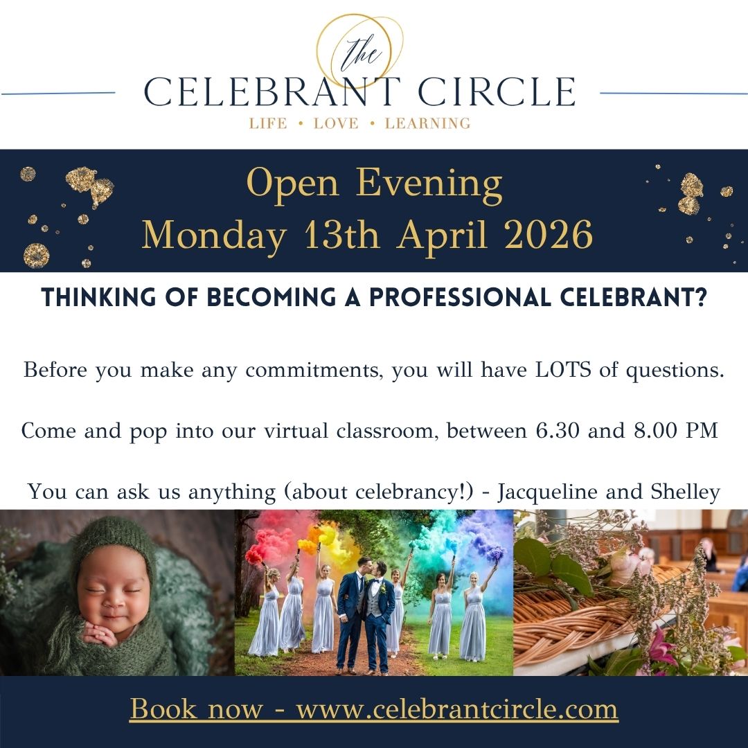 We know that beginning to look into celebrant training is daunting and overwhelming.
We understand that it's a huge commitment of time and money.
Before you make any decisions, pop into our Open Evening and ask as many questions as you'd like - about being a celebrant!
Our training team all have training and educational backgrounds, combined with being working celebrants.
We understand what is happening in celebrancy now.
Sign up on our webiste, and we'll see you on Monday, 13th April.
Everyone is welcome.
Shelley and Jacqueline
🧡💙
#exceptionalcelebrants
#professionalcelebrant
#celebrantraininguk
#celebrantcircleuk