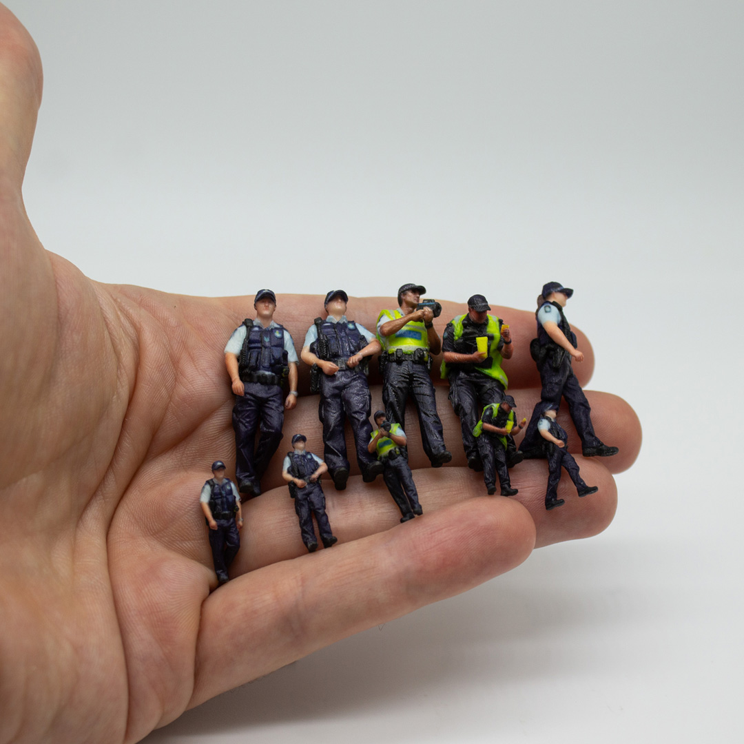 Double demerits may be over… but they’re still watching.
Printer has been working overtime during the Easter holiday. Our new cops are available in full colour in any scale. Shown here in O and HO. #hoscale #hoscalemodels #oscale #miniature #3dprint
