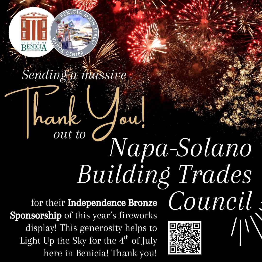 Help LIGHT UP THE SKY this 4th of July! 🎆 Benicia, we’re raising funds right now to bring back the 2026 4th of July fireworks show—and to celebrate 250 years of American independence in a big way! 🇺🇸
- On July 3rd, Benicia Main Street will once again host our beloved Torchlight Parade.
- On July 4th, with your help, we’ll fill the waterfront sky with fireworks for the whole community to enjoy.
Our goal: $50,000
This covers the fireworks display, plus essentials like cleanup, portable restrooms, and equipment rentals.
HOW YOU CAN HELP:
💳 Donate as an individual or business—every dollar counts.
⭐ Become a Sponsor (from $100 up to $10,000) and enjoy perks like:
- Name & logo recognition
- Parade banner visibility
- Prime-viewing seats for the fireworks
- An exclusive pre-fireworks reception
👥 OR Form a KaBOOM! Fundraising Team
Teams can be local businesses, community groups, neighbors, or friends & family. Raise funds, send us your best 𝗳𝘂𝗻 “𝘀𝗺𝗮𝗰𝗸 𝘁𝗮𝗹𝗸”, and we’ll share highlights on social for extra buzz!
- Top 3 teams win PRIME-VIEWING SEATS + PRE-FIREWORKS RECEPTION
🔗 DONATE OR REGISTER YOUR TEAM TODAY at BeniciaMainStreet.org (under "Events") or give in person at our clear collection box:
- Benicia Main Street Visitor Center
- Benicia Certified Market, Thursdays starting April 30, 2026
Let's come together to light up Benicia's sky & spirit for America’s 250th! ✨ Link in bio
#LightUpTheBeniciaSky #BeniciaFireworks #BeniciaCommunity