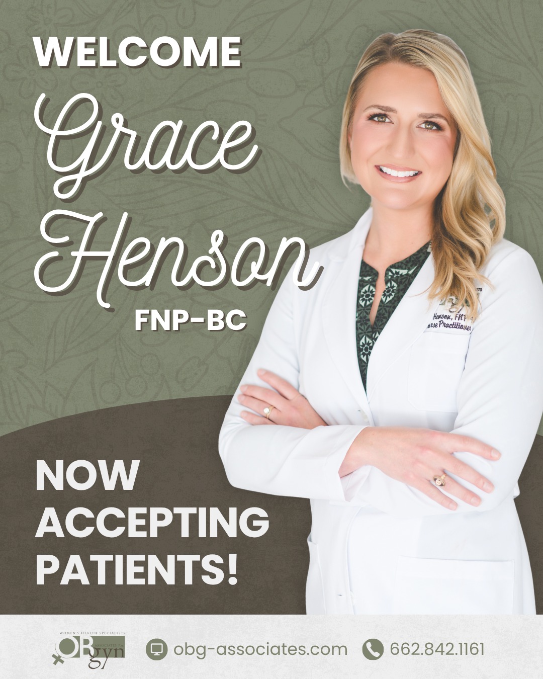Join us in welcoming Grace Henson, NP to OBGYN Associates! 💕
Grace brings a diverse background in emergency medicine, family practice, and endocrinology, with a true passion for women’s health. She is dedicated to empowering her patients with thoughtful, evidence-based care. When not at work, you may find Grace exercising, cooking for her family, snorkeling, and hiking.
📅 Now accepting patients: call 662.842.1161 to schedule your appointment today!
📍 1793 Cliff Gookin Blvd, Tupelo, MS 38801
-
#OBGYNAssociates #TupeloOBGYN #TupeloMS #OBGYN #WomensHealth #WelcomeToTheTeam #NursePractitioner #HealthProvider