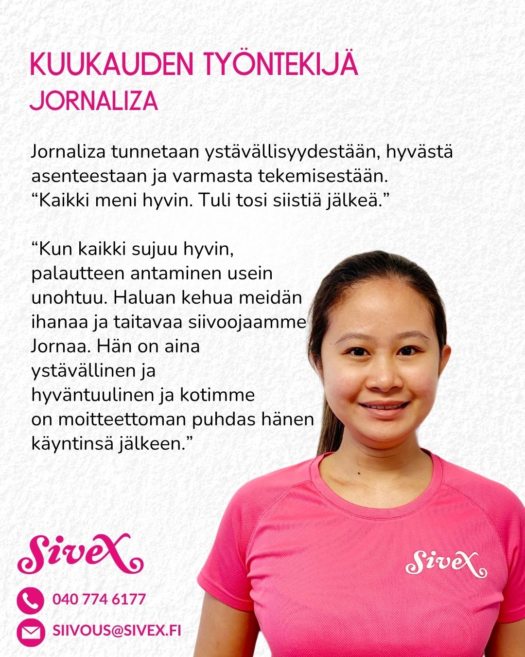 Kuukauden työntekijä: Jornaliza 💖
Jornaliza on ollut osa tiimiämme jo 6,5 vuotta. Hän on erittäin pidetty ammattilainen, jonka työnjälki Helsingin keskustan alueella on aina laadukasta ja viimeisteltyä. Jornaliza tunnetaan ystävällisyydestään, positiivisesta asenteestaan ja varmasta otteestaan.
⭐️⭐️⭐️⭐️⭐️
Asiakaspalautteet:
”Kaikki meni hyvin. Tuli tosi siistiä jälkeä.”
”Haluan kehua ihanaa Jornaa. Hän on aina hyväntuulinen ja kotimme on moitteettoman puhdas. Hän on käynyt meillä jo yli kuusi vuotta – toivomme, että yhteistyö jatkuu vielä pitkään!”
💖Vapaa-ajallaan Jornaliza nauttii ruoanlaitosta ja kävelyistä. Tämä tasapaino näkyy hänen rauhallisessa työtavassaan. Kiitos, Jornaliza, upeasta työstä ja sitoutumisesta!
💞 Tarvitsetko huippuammattilaisen kotiisi?
Jornalizalle vapautuu harvoin aikoja. Jos etsit kokenutta ja luotettavaa tekijää, ota nopeasti yhteyttä!
🇬🇧🇬🇧🇬🇧🇬🇧🇬🇧🇬🇧
Employee of the Month: Jornaliza 💖
Jornaliza has been part of our team for 6.5 years. She is a highly valued professional whose work in the Helsinki city center is always high-quality and meticulous. Jornaliza is known for her friendliness, positive attitude, and reliable touch.
⭐️⭐️⭐️⭐️⭐️
Customer feedback:
“Everything went well. The result was very clean.”
“I want to praise our wonderful Jorna. She is always in a good mood and our home is impeccably clean. She has visited us for over six years – we hope to continue with her for a long time!”
💖 In her free time, Jornaliza enjoys cooking and walking. This balance is reflected in her calm way of working. Thank you, Jornaliza, for your amazing work and dedication!
💞 Looking for a top professional for your home?
Jornaliza is rarely available. If you are looking for an experienced and reliable professional, contact us quickly!
#kotisiivous #asiakaspalaute #customerfeedback