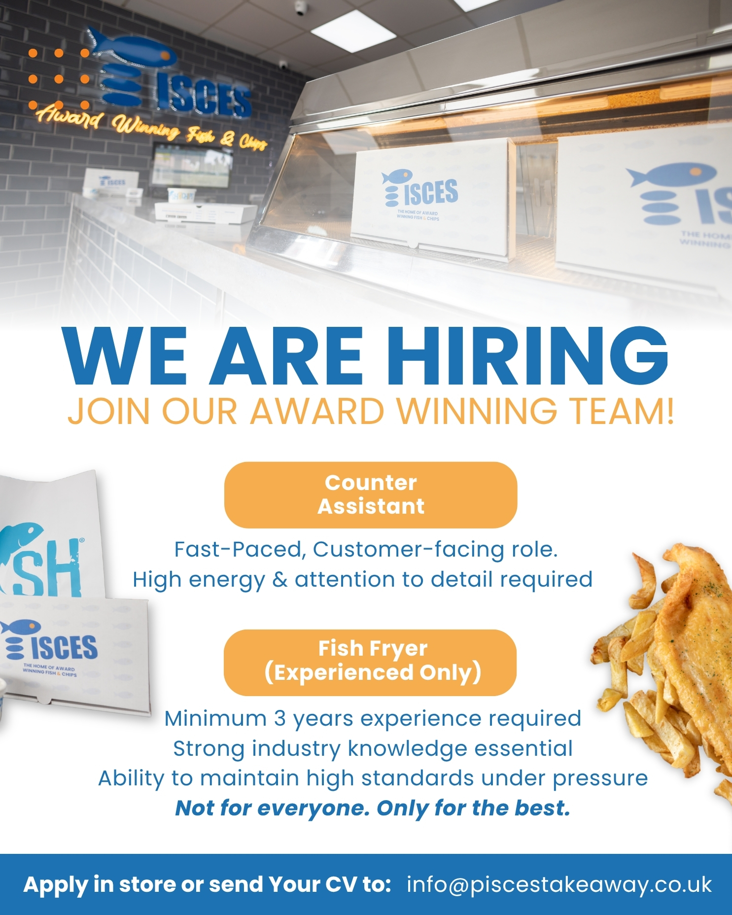 We are looking for new team members! π
We have Fish Fryer & Counter Assistant roles available π
Interested in joining our award-winning team? Visit us in-store or send your CV to:
β‘οΈ info@piscestakeaway.co.uk
-
#fishandchips #chips #localtakeaway #wirral #takeaway #piscestakeaway #awardwinning #theteam #localbusiness #piscesheswall #pisces #local #heswall #chippy