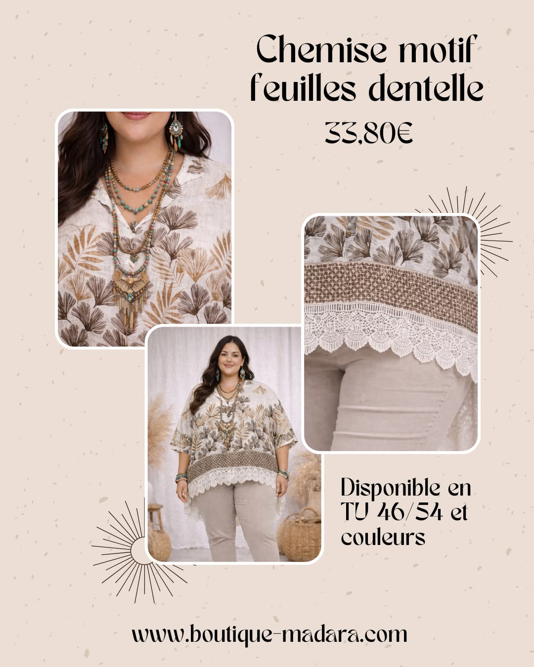 🌿 La chemise qui fait tout le look… ✨
Fluide, légère et pleine de charme 😍
Avec son motif feuilles et sa jolie dentelle… on craque 🤍
👉 Elle ne marque pas
👉 Elle est agréable à porter toute la journée
👉 Et elle apporte une touche bohème chic sans effort
🌿 Disponible en TU 46/54 et plusieurs coloris
💛 33,80€
🛍 https://www.boutique-madara.com
💬 Vous aimez ce style naturel et bohème les Madarettes ? 💕