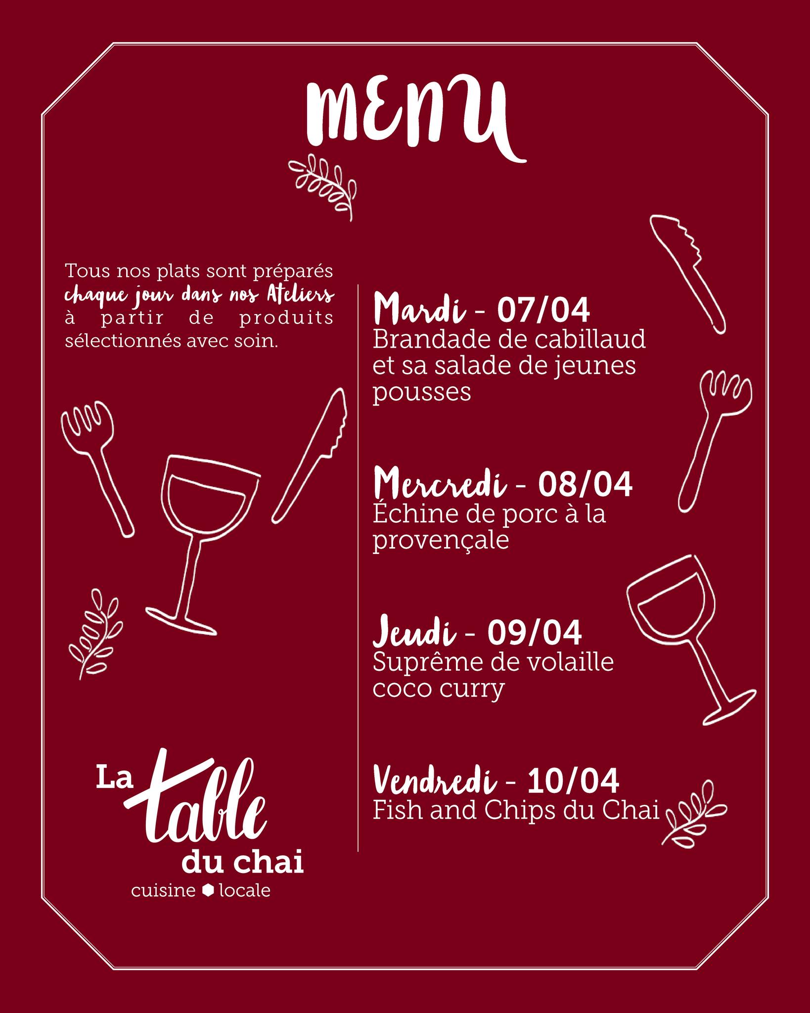 🍴MENU DE LA SEMAINE🍴
Découvrez votre menu de la semaine ! 🍷
On vous attend de 8h à 19h 😁
À très vite ! 🍝
#latableduchai #cuisinelocale #préparéesurplace #restovar #restaurant