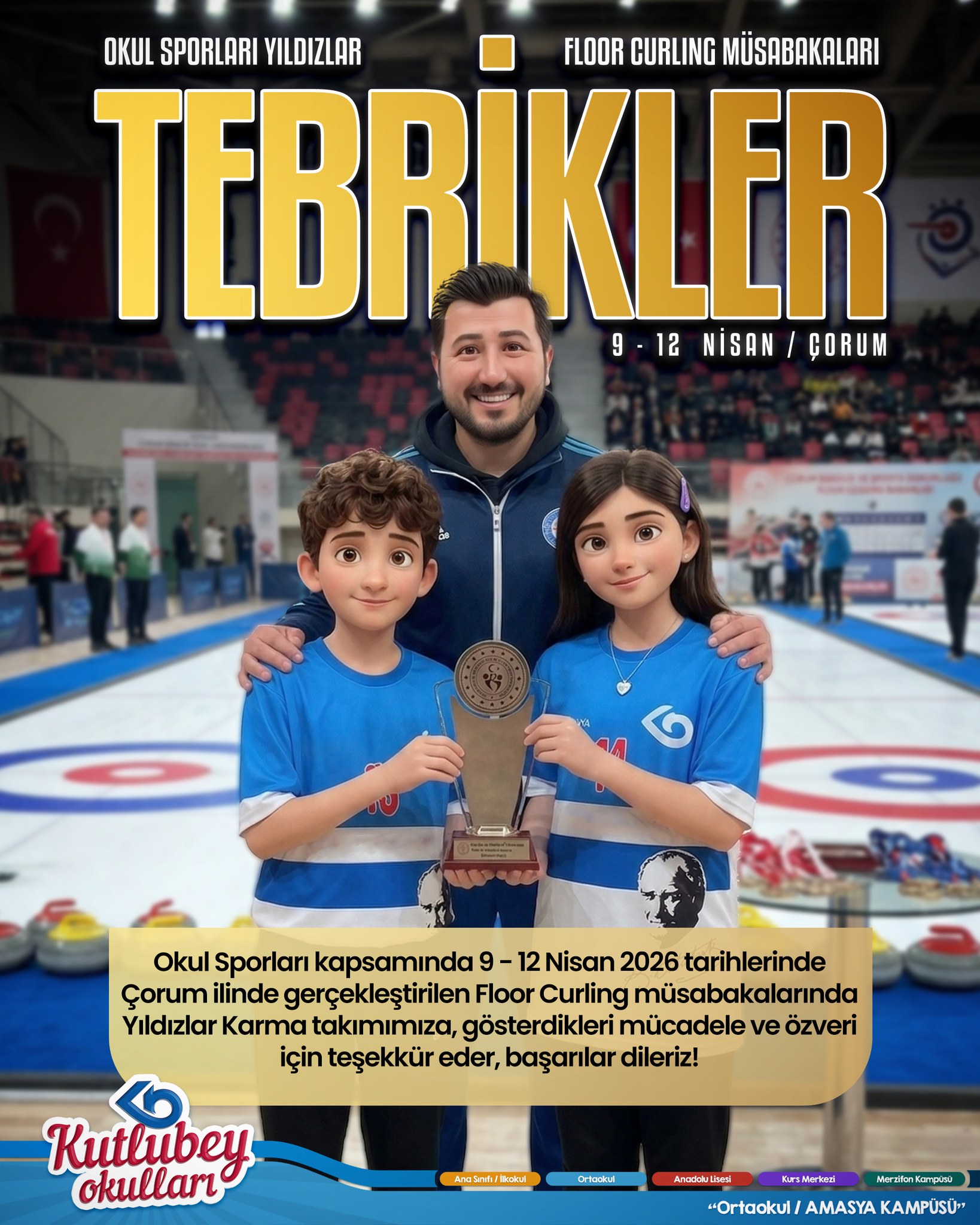 TEBRİKLER ÇOCUKLAR!🏆✨🥌
Okul Sporları kapsamında 9 - 12 Nisan 2026 tarihlerinde Çorum ilinde gerçekleştirilen Floor Curling müsabakalarında Yıldızlar Karma takımımıza, gösterdikleri mücadele ve özveri için teşekkür eder, başarılar dileriz!👏🏻👏🏻👏🏻