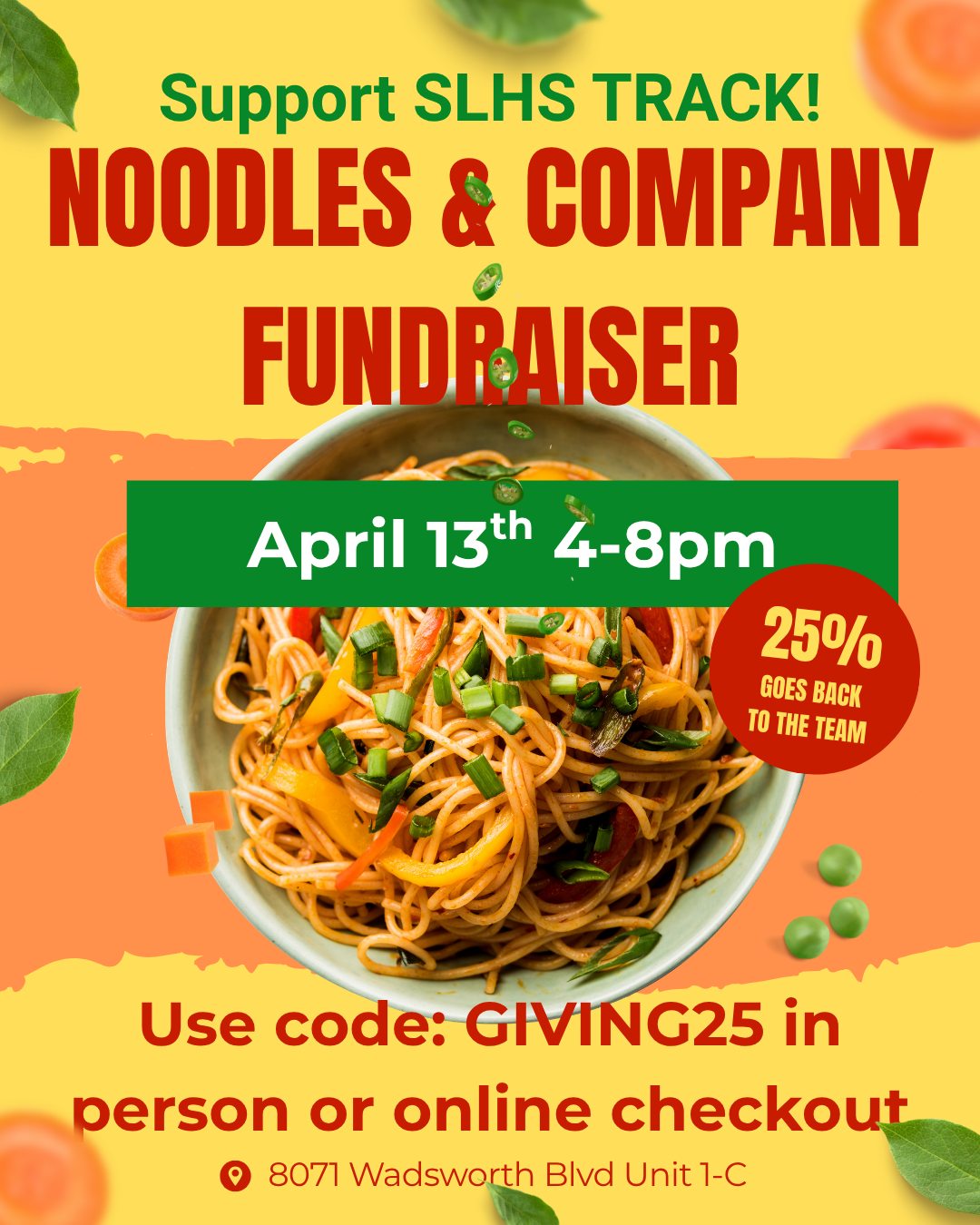Don't walk, RUN to Noodles & Company 4/13 between 4-8 to support the Gator Track team! 25% of sales goes back to the team. Mention code GIVING25 at checkout, or order online via the app or https://www.noodles.com/order
Enter GIVING25 in the coupon code field and click "Apply."
Look for the red checkmark for confirmation, then proceed to checkout. 🐊