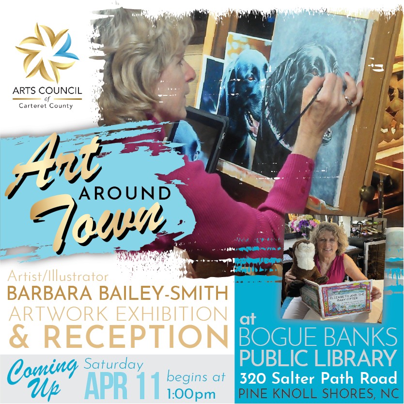 Join local artist/illustrator Barbi Bailey-Smith in celebrating her vibrant paintings at her upcoming show and reception this Saturday, April 11 at Bogue Banks Public Library 🖼️🎨👩🎨
Barbi uses a variety of media to create pieces that can evoke an emotional reaction, especially humor. Her work combines love of animals, and often art history, to create whimsical scenes on birdhouses and canvas. Currently Barbi specializes in pet portraits and children’s book illustrations. She is the illustrator for local author Deborah Van Dyken’s newest children's book, "Elizabeth and the Baby Otter."
Reception to follow the presentation at Spoondrift, where you can purchase her art and the book. Sponsored by the Friends of the Bogue Banks Public Library
The exhibition is sponsored by Friends of the Bogue Banks Public Library. The library is located at 320 Salter Path Road, Pine Knoll Shores, NC 28512. There is no charge and all are welcome!
Who: Artist/Illustrator Barbi Bailey-Smith
What: Gallery Art Show & Reception
When: Saturday, April 11th at 1:00pm
Where: Bogue Banks Public Library 320 Salter Path Road, Pine Knoll Shores
More info: Friends of the Bogue Banks Public Library
#artscouncil #artshow #carteretcountyarts #crystalcoast #salterpathnc