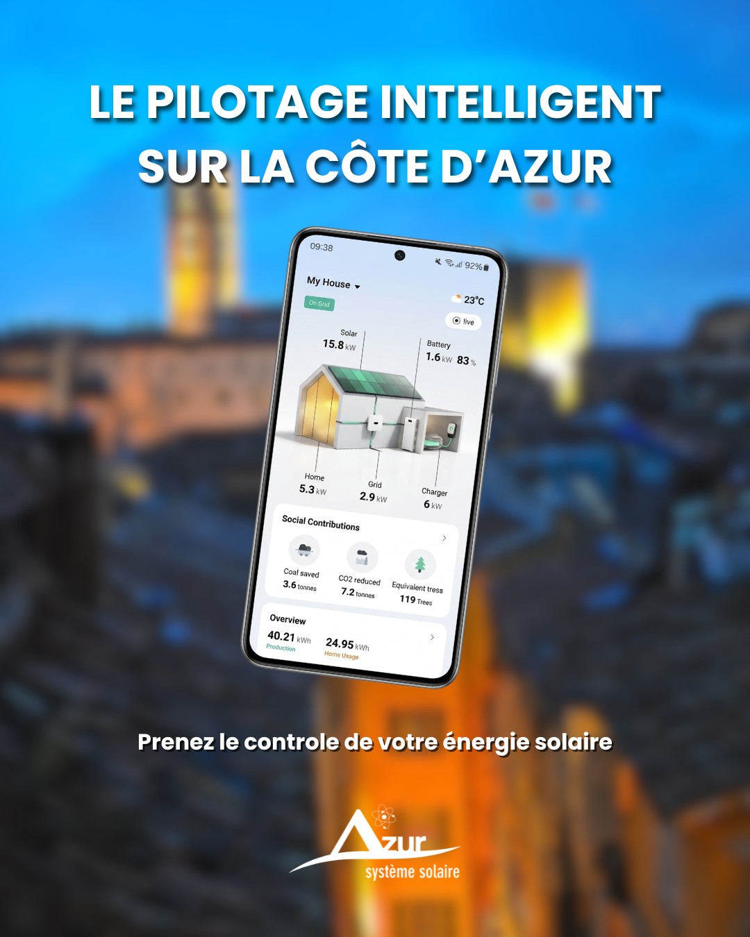 Le pilotage intelligent Azur Système Solaire : l’atout maître de votre indépendance énergétique.
Avec notre application, ne vous contentez plus de produire de l'énergie, apprenez à la maîtriser pour réduire votre facture jusqu’à 80 %.
40 % d'économies grâce à la performance de nos panneaux.
20 % supplémentaires en ajoutant une batterie de stockage.
Le reste ? C’est la magie du pilotage énergétique intelligent.
Bien plus qu’un simple suivi, notre système connecte vos appareils les plus gourmands (chauffe-eau, borne de recharge, pompe à chaleur) directement à votre production solaire.
Passez à l'autoconsommation supérieure avec Azur Système Solaire.
