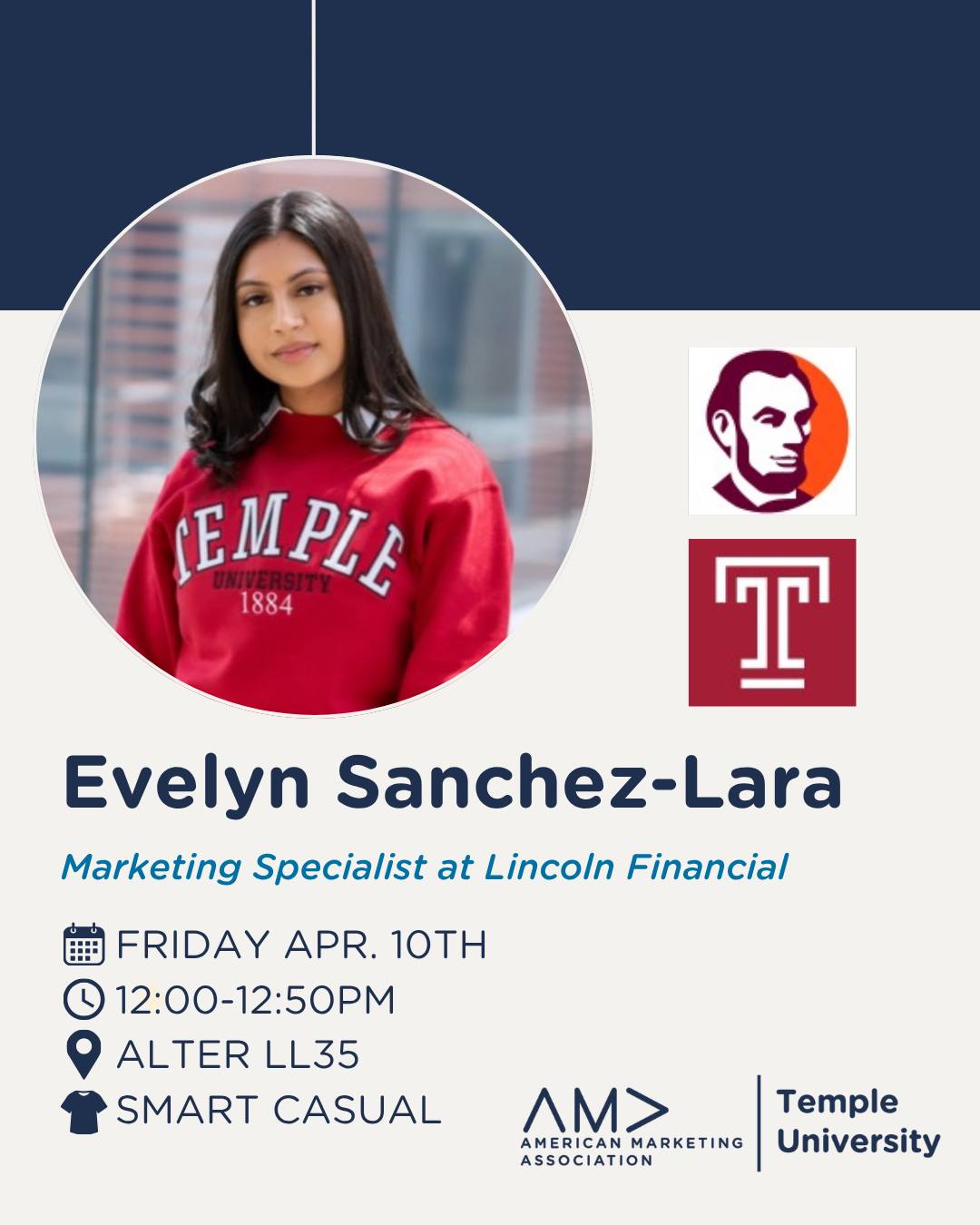 Join us as we welcome Evelyn Sanchez this Friday, April 10th, in Alter LL35! 🎤
Evelyn Sanchez-Lara is a marketing specialist at Lincoln Financial with a strong interest in brand storytelling and strategic communication. Come out to hear her presentation and insight into her industry 🍒
We look forward to seeing you there!