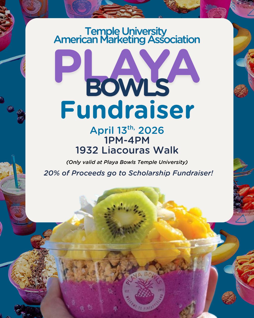 🍓 Support a sweet cause!
Join us at Playa Bowls on April 13th from 1–4PM and treat yourself while giving back 💛
20% of proceeds will go directly to the TU-AMA Scholarship Fund
Bring your friends, grab a bowl, and make an impact! 🌊✨
#templeuniversity #fundraiser #templeowls #Tuama #TempleMade