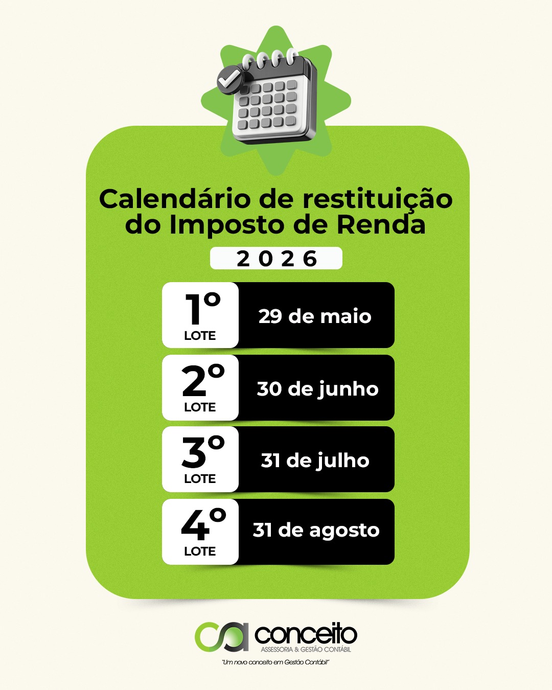 Calendário de restituição do imposto de renda 2026: anote as datas oficiais 🗓️💸
A Receita Federal já definiu o cronograma de pagamentos para quem tem dinheiro a receber de volta este ano. Se você está aguardando a sua restituição, confira as datas e já deixe anotado na agenda:
✅ 1º Lote: 29 de maio
✅ 2º Lote: 30 de junho
✅ 3º Lote: 31 de julho
✅ 4º Lote: 31 de agosto
Como garantir o seu dinheiro mais rápido?
A liberação dos lotes obedece a uma fila de prioridades legais (como idosos e professores) e também beneficia quem utiliza o modelo de declaração pré-preenchida ou opta por receber via PIX. Para os demais contribuintes, a regra de ouro continua a mesma: quem entrega primeiro, recebe primeiro.
Deixar o envio para os últimos dias não apenas empurra o seu recebimento lá para agosto, como também aumenta a pressão e o risco de esquecer documentos importantes, o que pode te levar direto para a malha fina.
Quer enviar sua declaração com segurança e garantir a sua restituição nos primeiros lotes? Nossa equipe cuida de toda a burocracia para você.
Fale com a Conceito: 📲 (51) 99954-9953 | 🌐 www.conceito.cnt.br
#IRPF2026 #ImpostoDeRenda #RestituicaoIR #CalendarioIRPF #MalhaFina #PlanejamentoTributario #FinancasPessoais #ContabilidadeConsultiva #ConceitoContábil