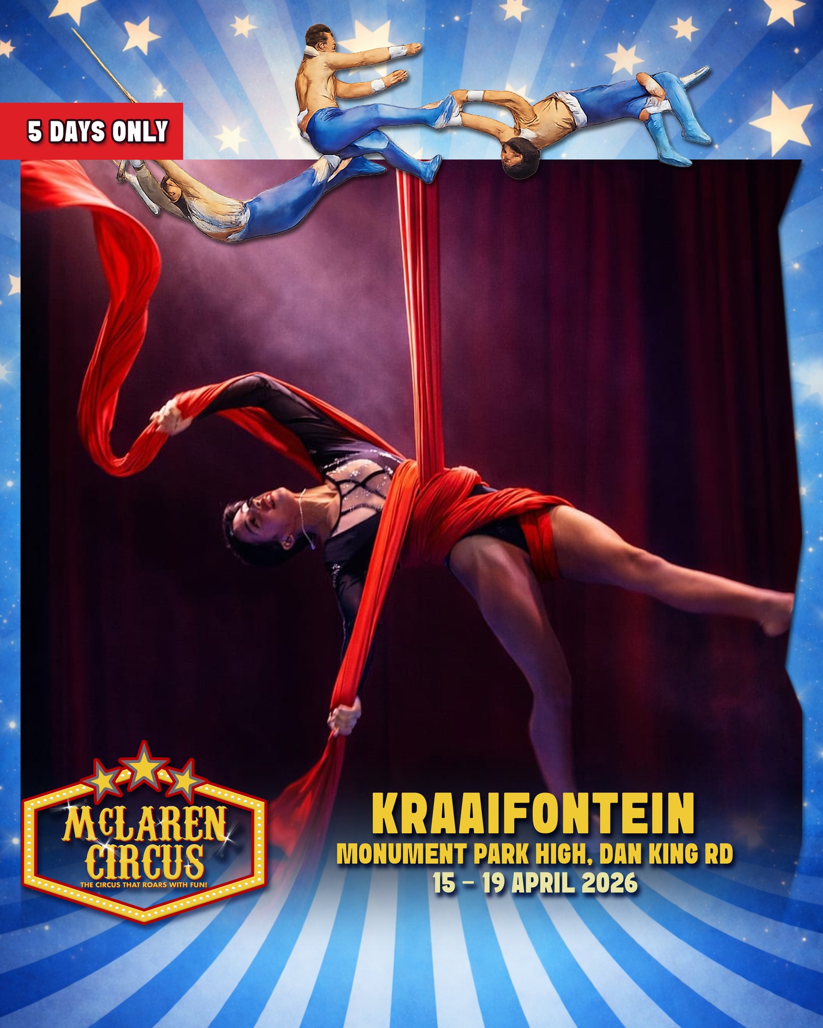 🎪✨It's fun and magic in #Kraaifontein, this week!
Experience an unforgettable International Circus Spectacular, packed with thrilling action, breathtaking performances, and timeless circus magic for the whole family.
🗓️ SHOW TIMES:
• Wed, 15 Apr 2026 @ 7 PM (50% OFF - use code "50KRA26" | Online sales only | First 20 claimers)
• Thu, 16 Apr 2026 @ *7 PM* (All seats R165 | Unreserved seating | Cash Only at Ticket Office | Sales on the day only)
• Fri, 17 Apr 2026 @ 7 PM
• Sat, 18 Apr 2026 @ 3 PM & 7 PM
• Sun, 19 Apr 2026 @ 2 PM
🎟️ Ticket Prices:
Back Chairs R175 | Side Chairs R195 | Raised Chairs R225 | Silver Ringside R250 | Gold Ringside R295
🎪 Ticket Office opens daily at 12 PM on show days
www.mclarencircus.co.za | WHATSAPP: http://wa.me/message/BGE2GJWJ5DLDC1