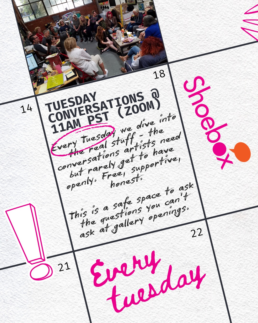 The best thing about Tuesday Community Conversations is that I genuinely don't know where each one is going to go.
Someone asks a question about grant writing and we end up talking about imposter syndrome for 45 minutes. Someone shares a win and three other people connect over a shared experience I'd never have predicted.
Every Tuesday, 11am PST. Free. Open.
Link in bio or shoeboxarts.com
#communityconversations #shoeboxarts #artistcommunity #opencall #artlife