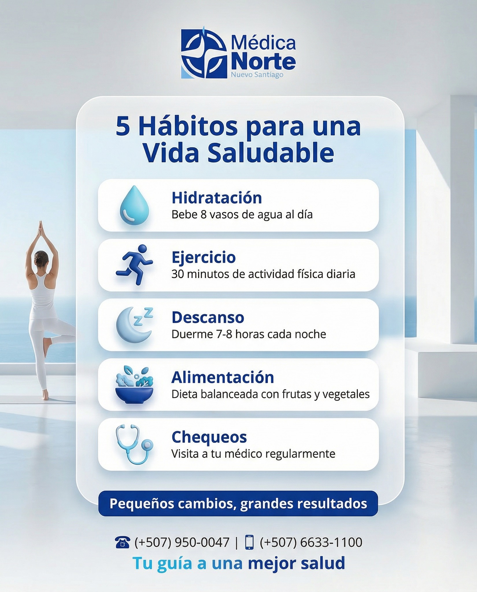Pequeños cambios pueden generar grandes transformaciones en tu salud?
💪 Alimentación balanceada → Más energía
🏃♀️ Ejercicio regular → Cuerpo fuerte
💧 Hidratación → Mejor funcionamiento
😴 Buen descanso → Mente clara
🩺 Chequeos médicos → Prevención efectiva
No esperes a sentirte mal para cuidarte. La prevención es el mejor tratamiento.
En Médica Norte, nuestros especialistas están listos para guiarte hacia una vida más saludable y plena. 💙
📅 Agenda tu consulta preventiva:
☎️ 950-0047
📱 WhatsApp: 6633-1100
#VidaSaludable #HábitosSaludables #MédicaNorte #Prevención #Bienestar #SaludIntegral #TransformaTuVida #CuidaTuSalud #TuGuíaAUnaMejorSalud