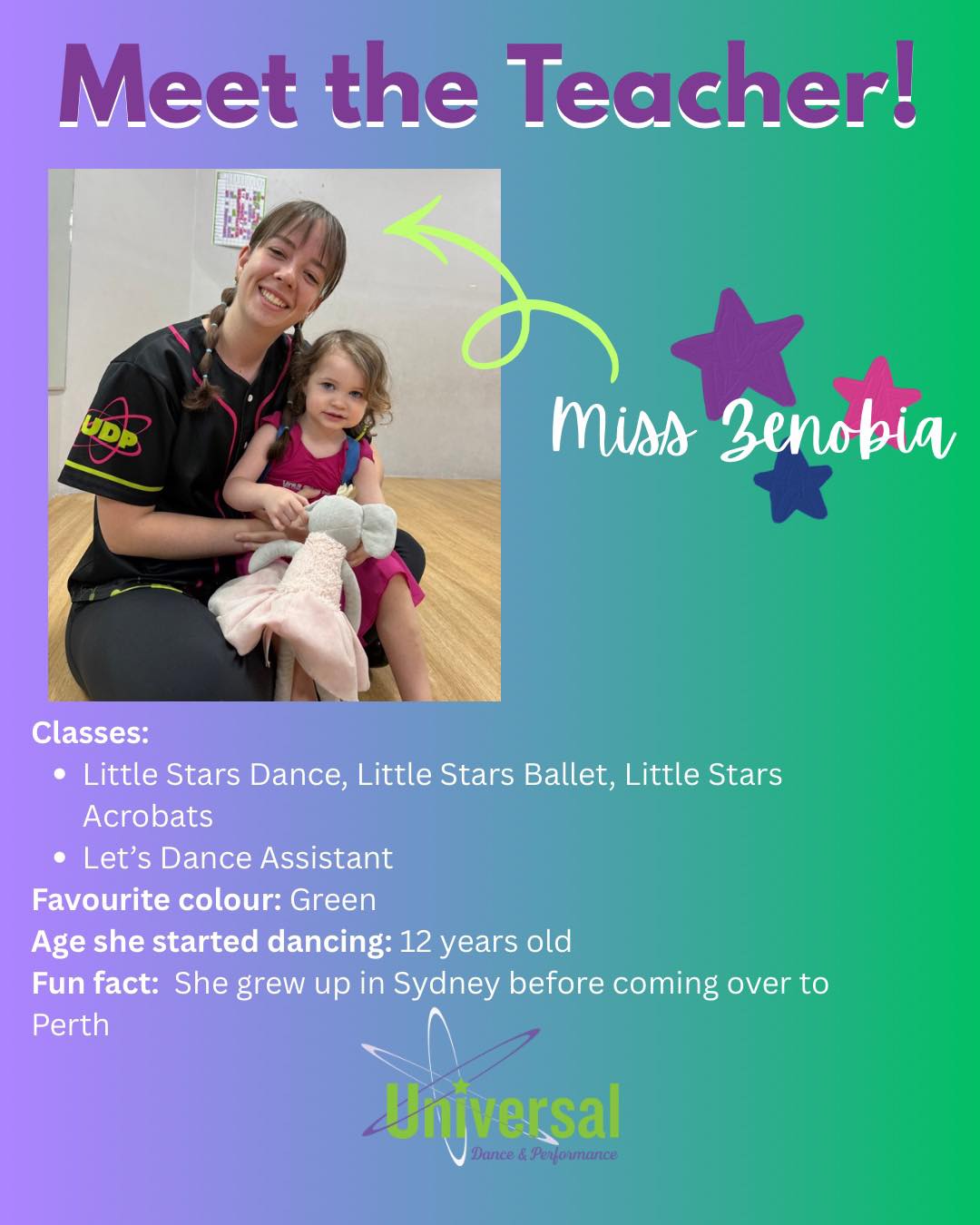 ✨ Meet the Teacher ✨
Introducing… MISS ZENOBIA 🦖
Miss Zenobia teaches a range of our Little Stars classes including Little Stars Dance, Little Stars Ballet, and Little Stars Acrobats, and also supports our Let’s Dance classes as an assistant.
She began dancing at 12 years old and loves creating fun, engaging classes for our little ones 👣💃
Fun fact: Miss Zenobia grew up in Sydney before moving over to Perth 🌏✨
Make sure to say hi to Miss Zenobia when you see her around the studio! 👋
#meettheteacher #danceteacher #dancefamily #southperth #universaldanceandperformance #como #perthdance #udp #kidsdanceclasses
