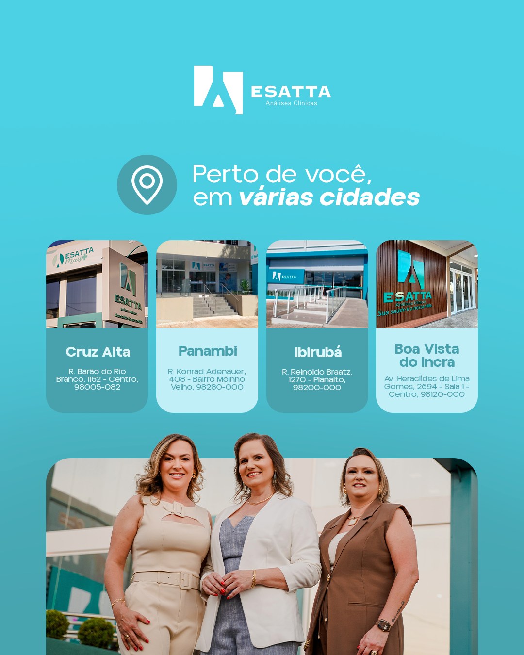 Estamos cada vez mais perto de você. 💙
Com unidades em várias cidades, levamos qualidade, confiança e cuidado onde você estiver.
Encontre a unidade mais próxima e agende seu exame.