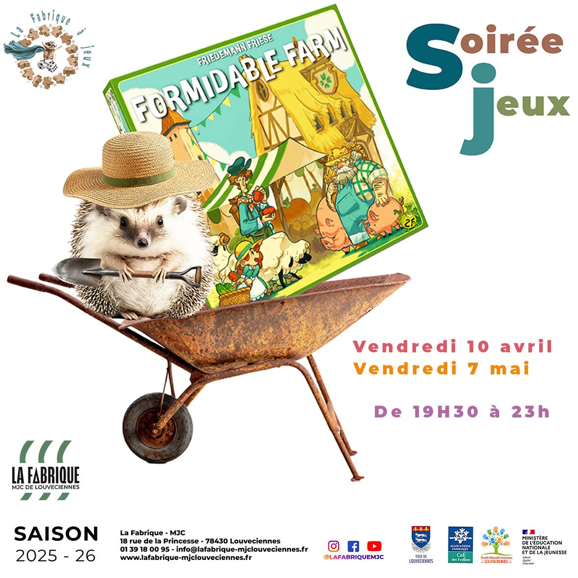 ⭐CE WEEK-END A LA FABRIQUE MJC⭐
🎲SOIRÉE JEUX🎲
Vendredi 10 avril de 19h30 à 23h
Skyjo, 7 Wonders, les Aventuriers du Rail… Ces noms vous disent quelque chose ? Venez les tester ainsi que plein d’autres parmi la centaine de jeux de notre collection !
Ados/adultes
Gratuit - Entrée libre