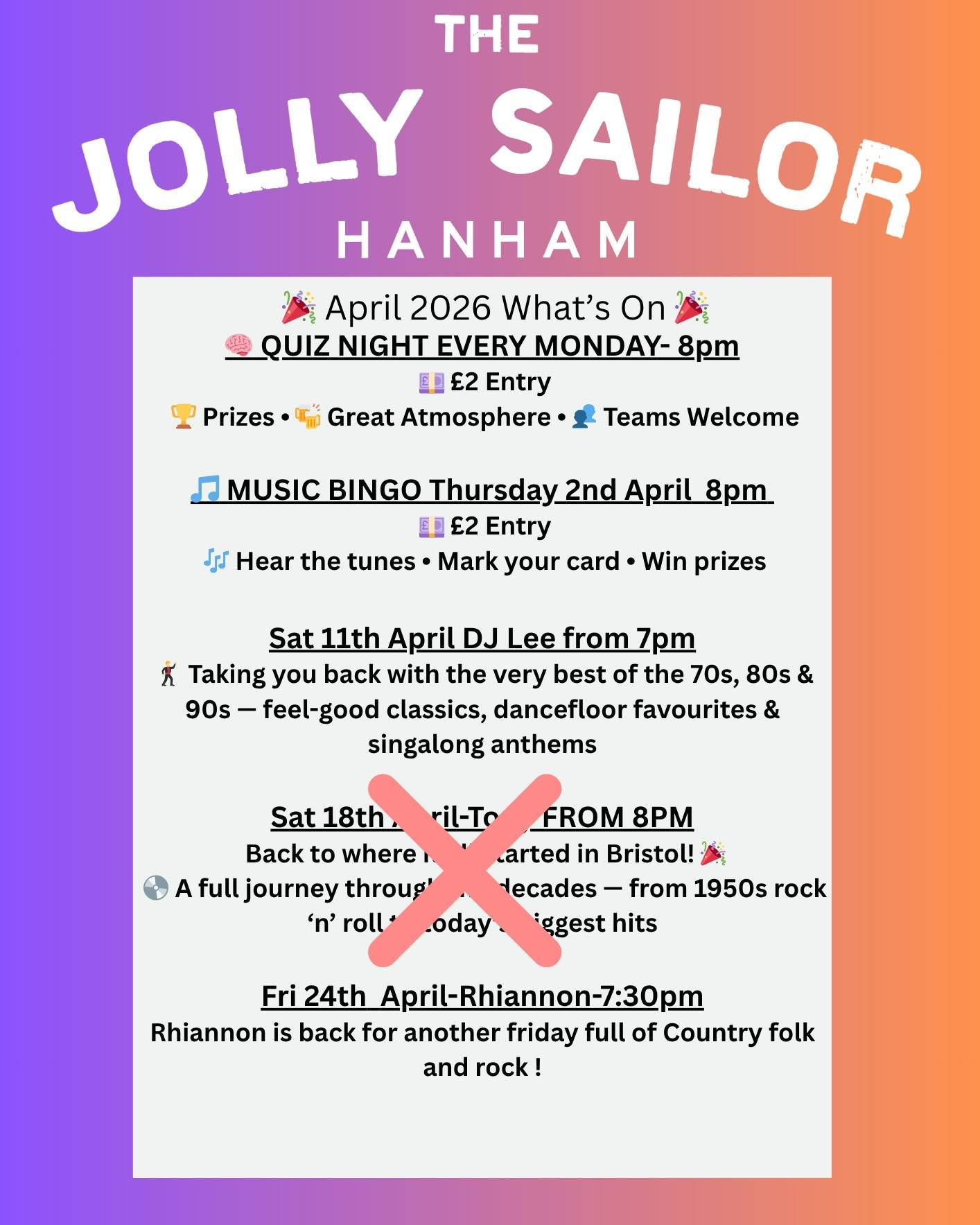 📢 Quick Update
Unfortunately, we’ve had a cancellation for Saturday 18th April, so there will be no live music on that date. We apologise for any inconvenience and appreciate your understanding.
🎧 BUT don’t forget — we’ve got a DJ on tonight bringing the vibes! Get yourself down for a great night of music and good times 🔥🎶