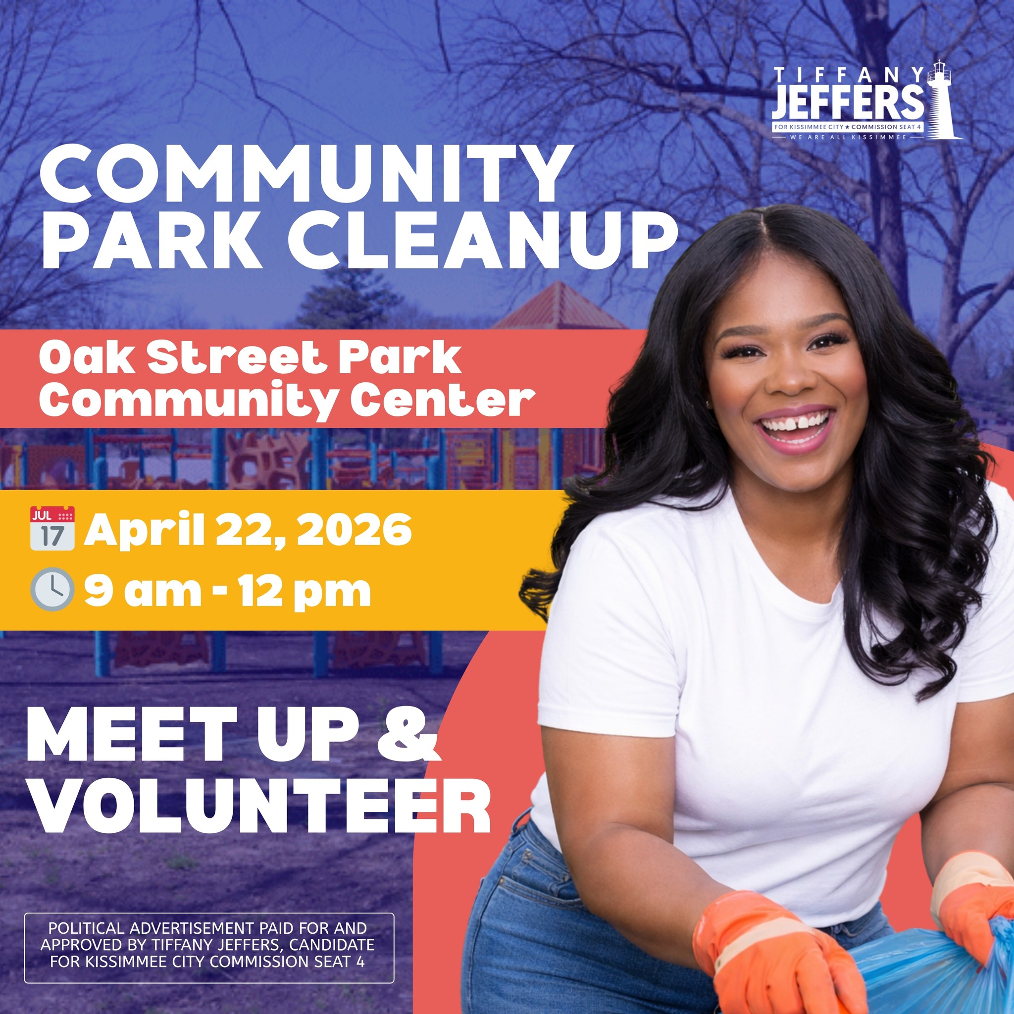 Team Tiff is stepping outside and showing up for Kissimmee!
The City of Kissimmee is hosting an Earth Day volunteer cleanup, and Tiffany Jeffers will be out there, leading by example and getting the work done.
This is what leadership looks like.
Present. Engaged. In the community.
We want YOU with us.
Let’s come together and take care of our city the way it deserves.
📍 Event Details
Location: Oak Street Park Community Center
Date: April 22
Time: 9 AM – 12 PM
All cleanup supplies will be provided.
👧 Those younger than 18 must be accompanied by an adult
✅ Before You Come
Complete your waiver in advance:
kissimmee.gov/vip
Clean parks matter.
Safe spaces matter.
Community investment matters.
This is how we build the Kissimmee we all deserve.
We’re ALL Kissimmee 🩷
Political advertisement paid for and approved by Tiffany Jeffers, Candidate for Kissimmee City Commission Seat 4