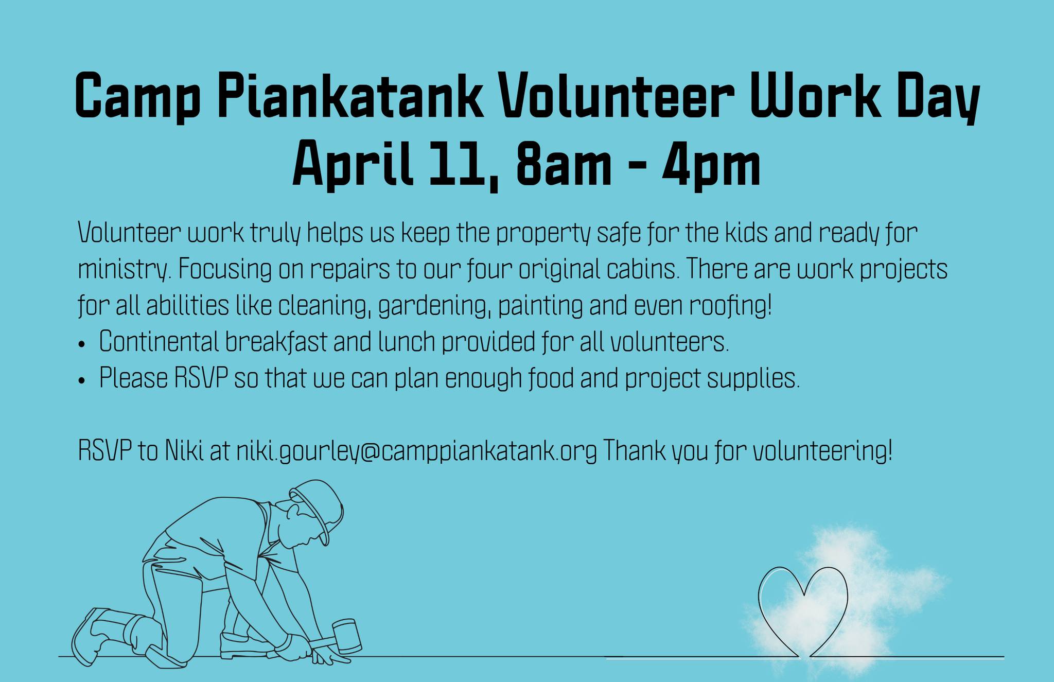 This weekend, please join us for a day of preparing our property for a great summer. We have a lot to get done, and we'd love more helpers. Please let us know if you are coming. Thank you!