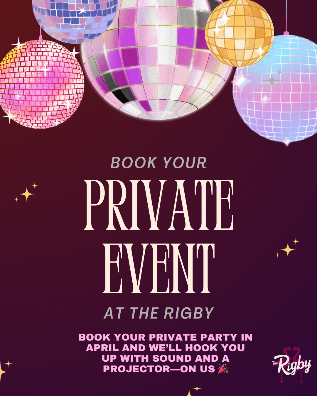 Your plans could use an upgrade.
Private parties at Rigby just do it better ๐ชฉ
Book in April and weโll take care of the sound and projector. No extra fuss ๐
You know the move.
#rigbyforthepeople #privateevent #aprilpromo #party #plans