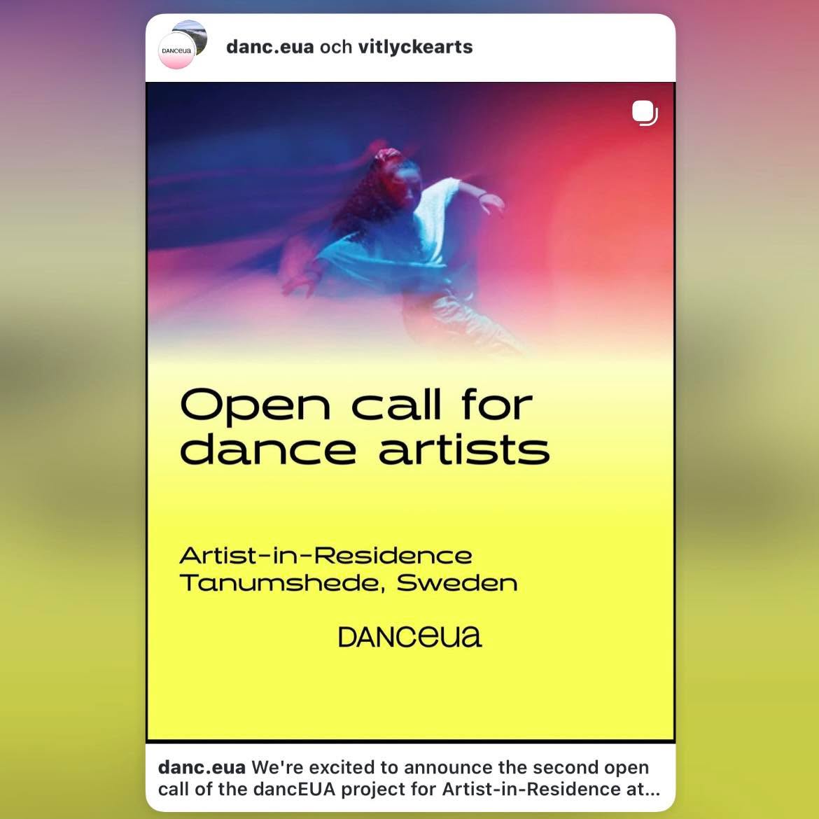 Shared post by @danc.eua and @vitlyckearts :
---
" We're excited to announce the second open call of the dancEUA project for Artist-in-Residence at @vitlyckearts in Sweden!
The residencies welcome both solo and duet projects and give artists the chance to work with a professional mentor who will support them in developing their artistic creations.
We welcome applications from dance professionals (working on solos or duets) in partner countries - Croatia, Hungary, Romania, Sweden and Ukraine - looking to create a new work or further develop an existing dance or performing arts production.
Read more and apply on the link in bio and see you in Tanumshede :)
DancEUA Artist-in-Residence is organized as a part of the dancEUA, a Creative Europe project (2024-2027) created by @studiocontemporarydancecompany (HR), @vitlyckearts (SE), @mstudiotheatre (RO), @centraleuropedance (HU), and @danceplatform.ua (UA) to empower Ukrainian contemporary dance through creativity, connection and resilience.
From 2025 to 2027, Vitlycke-CPA will offer two artistic residencies per year for emerging artists from Ukraine, Sweden, Croatia, Romania and Hungary. Each residency will host up to three dance projects, with one dance artist from Ukraine and two from other partner countries. The DancEUA residency program is designed to foster artistic dialogue, support the development of individual projects, and encourage collaboration between artists from Ukraine and the partner countries. "
---