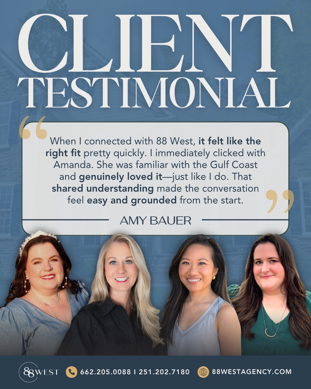 The best partnerships start with a real connection. 💛
We’re so grateful to Amy Bauer Realty for trusting us and for the kind words about her experience with our team. Here’s to building brands that feel as authentic as the people behind them. ✨
📩 Ready to work with a team that gets you? Let’s connect.
-
📞 662.205.0088 | 251.202.7180
💻 88westagency.com
-
#88West #88WestAgency #NorthMS #ALGulfCoast #MSGulfCoast #TupeloMS #GulfShoresAL #HuntsvilleAL #MarketingAgency #DigitalMarketing #ClientTestimonial #MarketingAgency #BrandPartnership #RealEstateMarketing