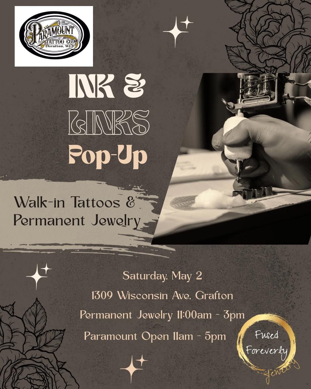🖤 INK + LINKS POP-UP 🖤
Catch us at Paramount Tattoo Co for the perfect combo — fresh ink + forever jewelry 💉✨
🗓 Saturday, May 2
⏰ 11AM – 3PM
(Paramount stays open until 5pm)
✨ I’ll be there offering permanent jewelry:
🔗 Custom-fit bracelets, anklets + necklaces
🔗 Clasp-free, welded for that forever vibe
🔗 Gold Filled + Sterling Silver options
💉 The shop will be doing walk-in tattoos during the event — so you can get linked and get inked all in one stop
Tiny zap ⚡ meets tattoo shop energy 🖤
Walk in, bring a friend, and make it a whole moment ✨
#PermanentJewelry #InkAndLinks #PopUpEvent #TattooVibes #GraftonWI #LinkedForever #paramounttattooco #fusedforeverlyjewelry