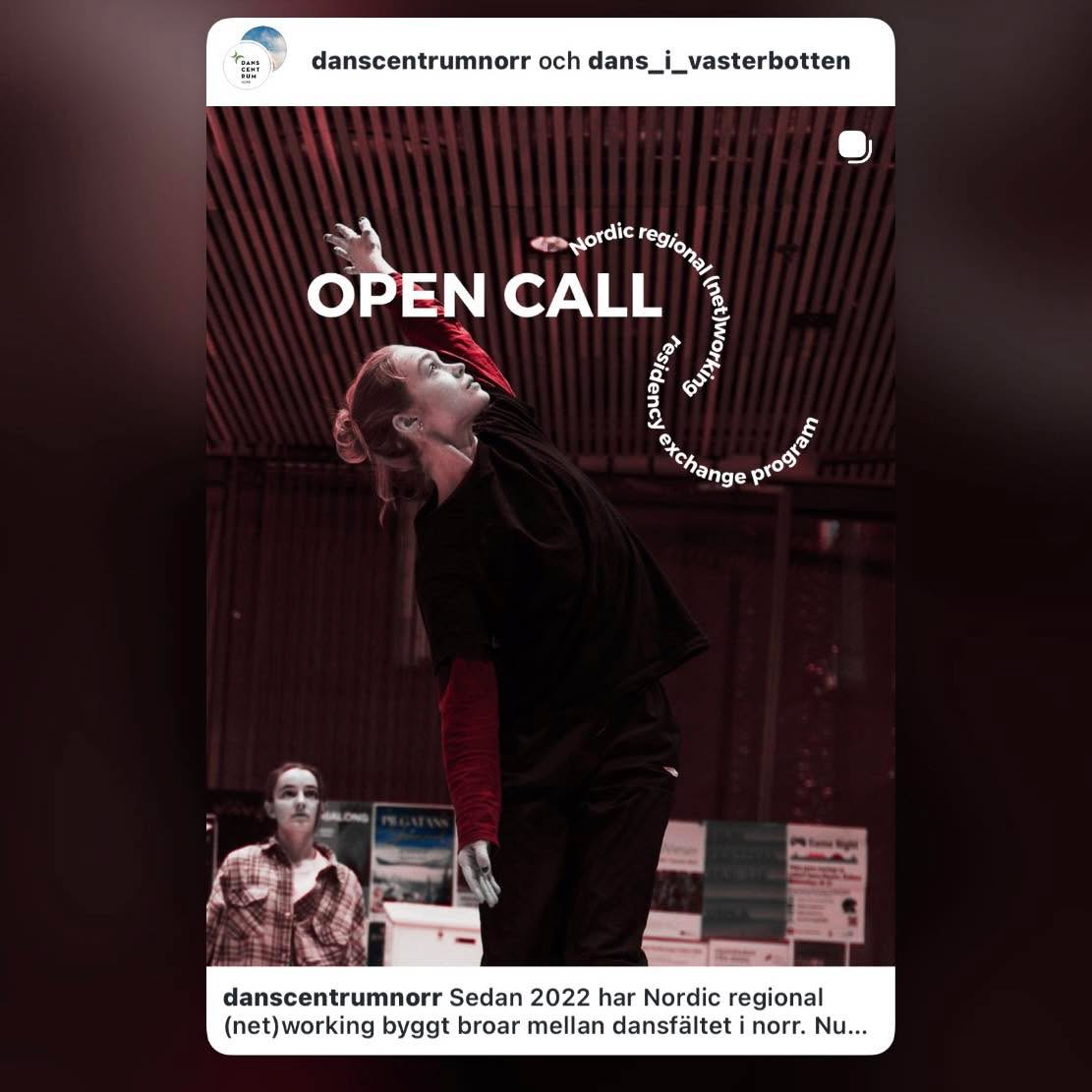 Delat inlägg från @danscentrumnorr och @dans_i_vasterbotten :
Sedan 2022 har Nordic regional (net)working byggt broar mellan dansfältet i norr. Nu tar vi nästa steg och öppnar en ny OPEN CALL för tre residens i Finland, Norge och Sverige.
Vi söker en duo, en koreograf och två dansare som vill skapa, dela och mötas över gränserna.
Deadline 12 april 2026.
🔗Läs mer via länken i bio @danscentrumnorr .
Utbytet möjliggörs genom samarbete mellan Dans i Västerbotten, Danscentrum Norr, Regionala danscentret i Österbotten och Davvi – Senter for scenekunst, samt genom finansiering från Nordisk Kulturfond, Bartens Sekretariatet, Region Västerbotten, Vasa Stad och Konst- och kulturmyndigheten (FI).
"
---