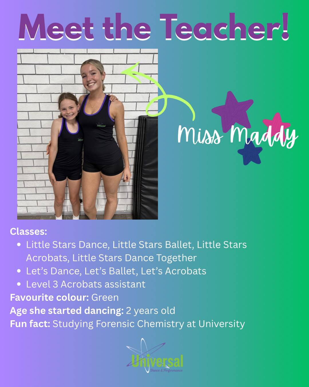 ✨✨ Meet the Teacher ✨
Say hello to... MISS MADDY ⭐️
Miss Maddy teaches a range of our junior classes, including Little Stars Dance, Ballet, Acrobats, and Dance Together, plus Let’s Dance, Ballet and Acrobats. She is also an amazing teacher assistant, supporting Level 3 Acro and more!
She started dancing when she was just 2 years old and is still one of our beautiful senior students here at the studio 🩰✨
Fun fact: When she’s not in the studio, she’s studying Forensic Chemistry at university! 🧪
We are so lucky to have Miss Maddy inspiring our dancers every week ✨
#meettheteacher #danceteacher #dancefriends #dancefamily #universaldanceandperformance #como #perthdance #udp #kidsdanceclasses