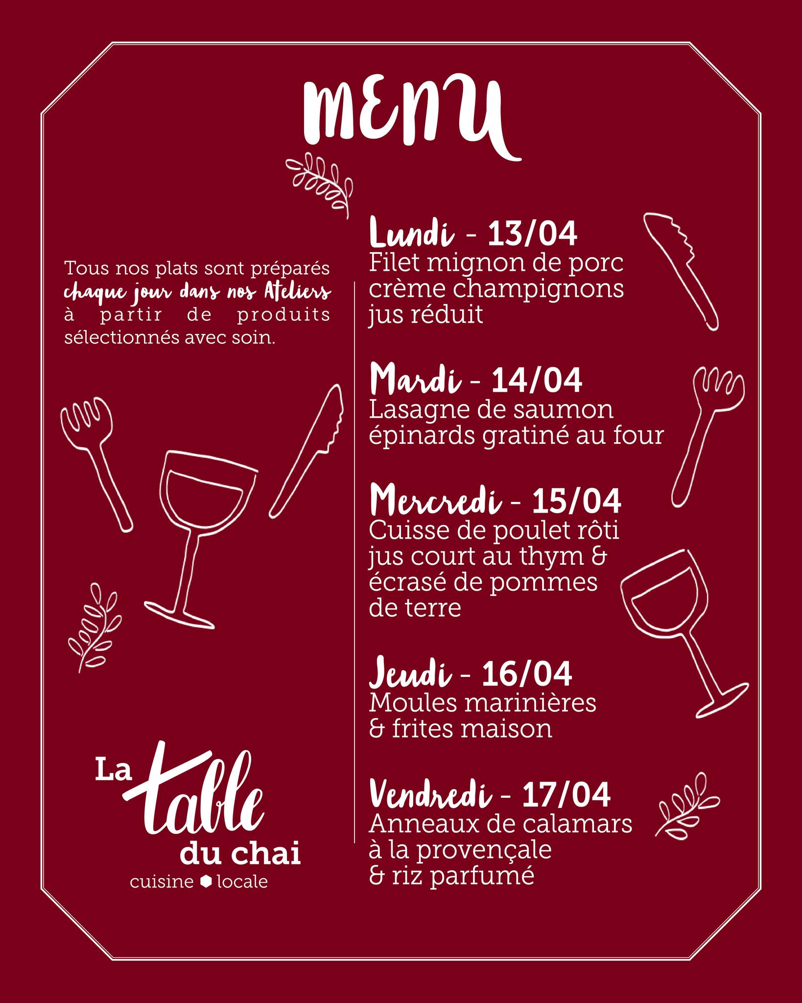🍴MENU DE LA SEMAINE🍴
Découvrez votre menu de la semaine ! 🍷
On vous attend de 8h à 19h 😁
À très vite ! 🍝
#latableduchai #cuisinelocale #préparéesurplace #restovar #restaurant