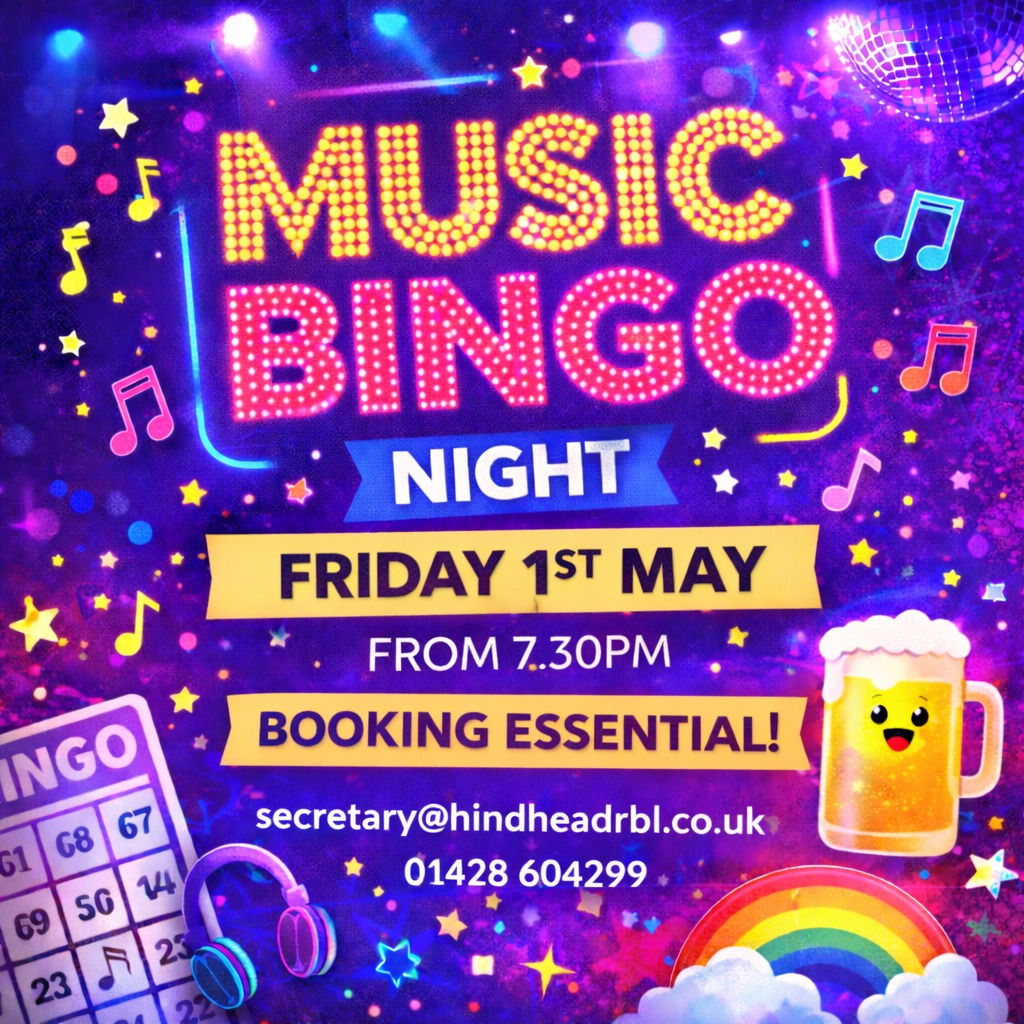 Music Bingo returns to Hindhead RBL on Friday, 1st May!
After the great success of our last few Music Bingo nights, we’re delighted to announce that it is back again on Friday, 1st May at 7.30pm.
If you’ve been before, you’ll know what a fun night it is, and if you haven’t, now is the perfect time to give it a try.
Booking is essential, so please reserve your place in advance. We will sell out quickly!
To book, please email secretary@hindheadrbl.co.uk or call 01428 604299.
#musicbingo #bingo #hindheadrbl #hindhead #beaconhill #grayshott #haslemere