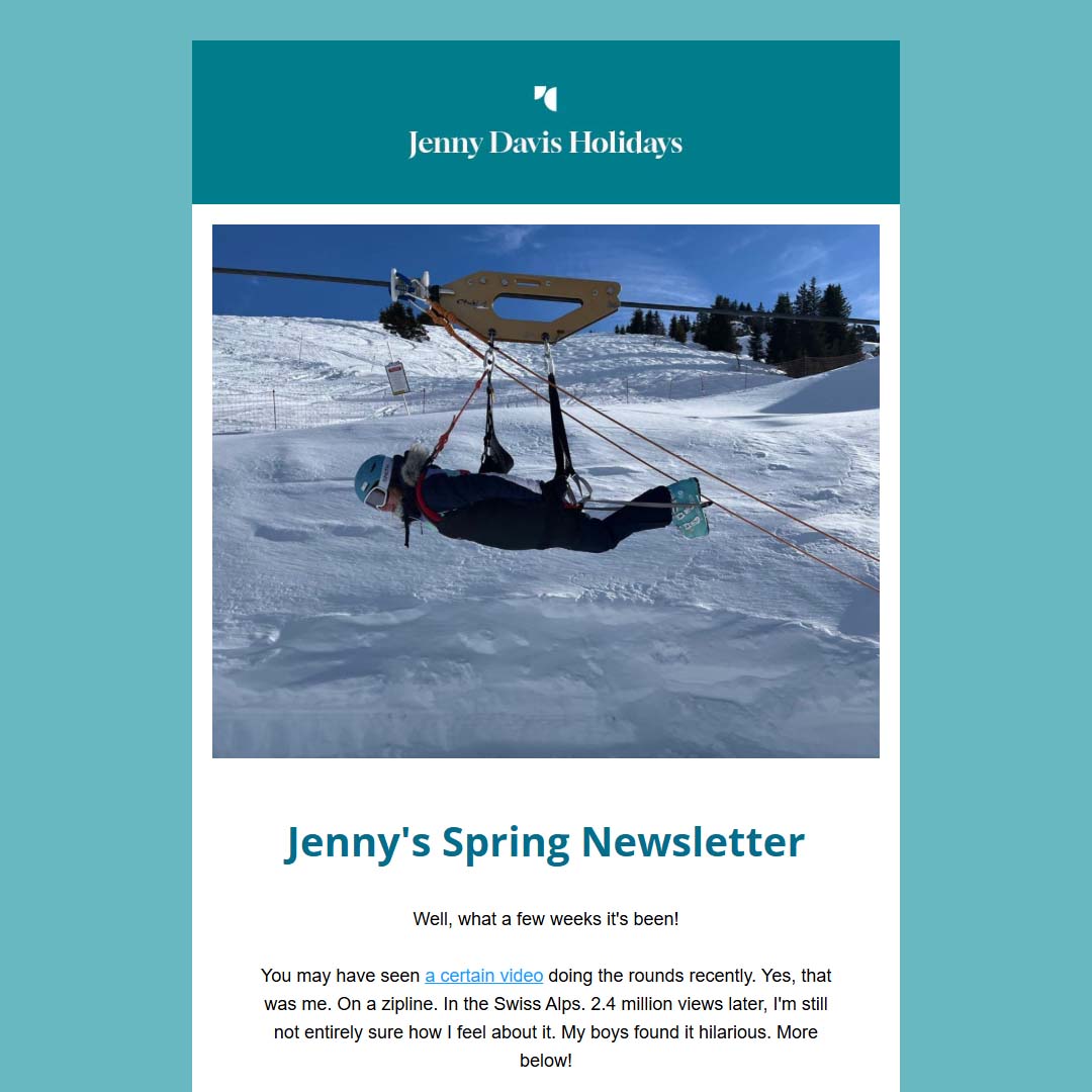 "The Spring newsletter is here - and yes, the zip line video gets a mention. 😅🎿
2.4 million views, a lot of messages, and my boys still haven't let me forget it.
Plus #Cambodia, South Africa, #Zanzibar, the #Maldives and #Paris.
Link in bio - go have a read! 💙"
#JennyDavisHolidays #Newsletter #Switzerland #Zipline #Viral #SouthAfrica #TravelInspiration