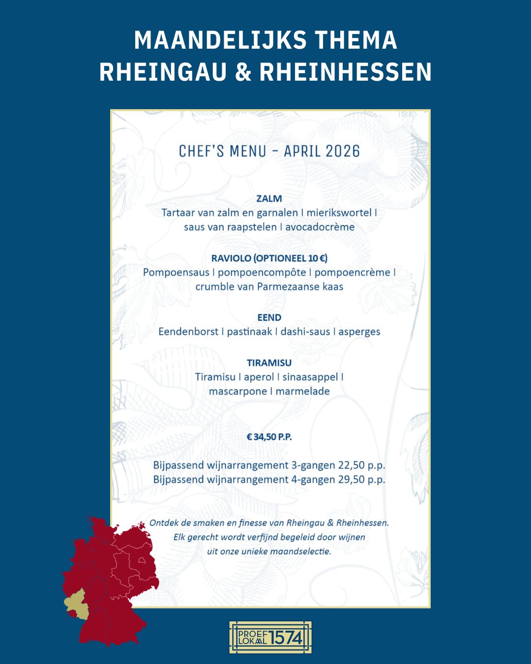 Deze maand staat het chef’s menu in het teken van Rheingau & Rheinhessen 🇩🇪.
Een meergangenmenu met gerechten die goed aansluiten op de wijnen uit deze regio’s. Per gang is er de mogelijkheid om een bijpassend glas te nemen, zodat je direct ziet wat er goed werkt samen.
Ideaal om het thema te proeven (én de wijnen!), zonder zelf te hoeven kiezen. Kom je het snel proeven?