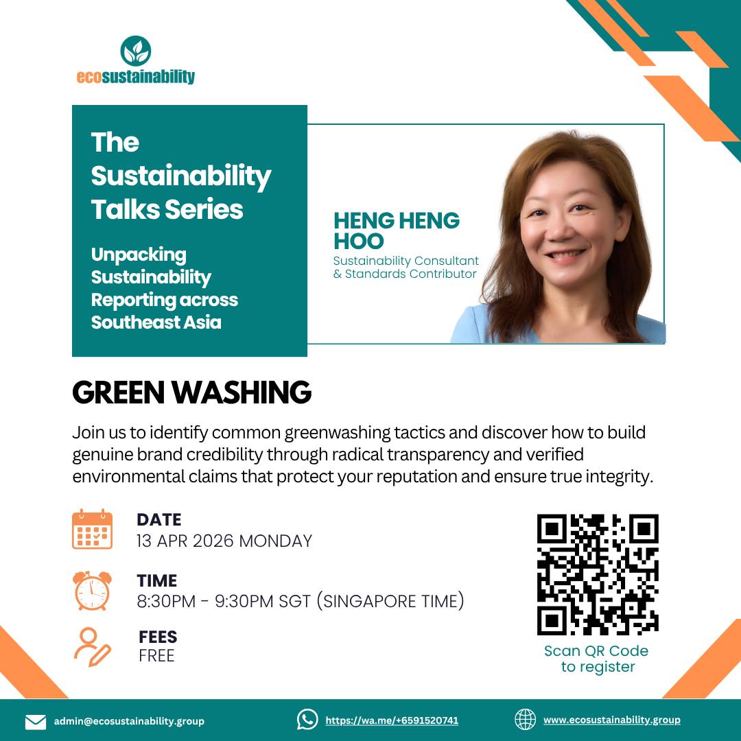Is your sustainability story truly "green" or just "green-ish"?
Trust is the hardest thing to build and the easiest to lose in the sustainability space. We're spending 60 minutes next Monday dissecting Greenwashing—how to spot it, how to avoid it, and how to stay credible.
Register to get your Zoom link
https://forms.gle/EvWaH5W5gGaqCUDs5
🎤 Green Washing
📅 13 Apr (Mon)
⏰ 8:30 PM – 9:30 PM SGT