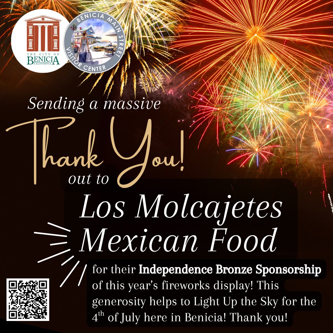 Help LIGHT UP THE SKY this 4th of July! 🎆 Benicia, we’re raising funds right now to bring back the 2026 4th of July fireworks show—and to celebrate 250 years of American independence in a big way! 🇺🇸
- 𝗢𝗻 𝗝𝘂𝗹𝘆 3𝗿𝗱, Benicia Main Street will once again host our beloved 𝗧𝗼𝗿𝗰𝗵𝗹𝗶𝗴𝗵𝘁 𝗣𝗮𝗿𝗮𝗱𝗲.
- 𝗢𝗻 𝗝𝘂𝗹𝘆 4𝘁𝗵, with your help, we’ll fill the waterfront sky with 𝗳𝗶𝗿𝗲𝘄𝗼𝗿𝗸𝘀 for the whole community to enjoy.
𝗢𝘂𝗿 𝗴𝗼𝗮𝗹: $50,000
This covers the 𝗳𝗶𝗿𝗲𝘄𝗼𝗿𝗸𝘀 𝗱𝗶𝘀𝗽𝗹𝗮𝘆, plus essentials like 𝗰𝗹𝗲𝗮𝗻𝘂𝗽, 𝗽𝗼𝗿𝘁𝗮𝗯𝗹𝗲 𝗿𝗲𝘀𝘁𝗿𝗼𝗼𝗺𝘀, 𝗮𝗻𝗱 𝗲𝗾𝘂𝗶𝗽𝗺𝗲𝗻𝘁 𝗿𝗲𝗻𝘁𝗮𝗹𝘀.
𝗛𝗼𝘄 𝘆𝗼𝘂 𝗰𝗮𝗻 𝗵𝗲𝗹𝗽:
💳 𝗗𝗼𝗻𝗮𝘁𝗲 as an individual or business—every dollar counts.
⭐ 𝗕𝗲𝗰𝗼𝗺𝗲 𝗮 𝘀𝗽𝗼𝗻𝘀𝗼𝗿 (from $100 up to $10,000) and enjoy perks like:
- Name & logo recognition
- Parade banner visibility
- Prime-viewing seats for the fireworks
- An exclusive pre-fireworks reception
👥 OR 𝗙𝗼𝗿𝗺 𝗮 𝗞𝗮𝗕𝗢𝗢𝗠! 𝗳𝘂𝗻𝗱𝗿𝗮𝗶𝘀𝗶𝗻𝗴 𝘁𝗲𝗮𝗺
Teams can be local businesses, community groups, neighbors, or friends & family. Raise funds, send us your best 𝗳𝘂𝗻 “𝘀𝗺𝗮𝗰𝗸 𝘁𝗮𝗹𝗸”, and we’ll share highlights on social for extra buzz!
- Top 3 teams win PRIME-VIEWING SEATS + PRE-FIREWORKS RECEPTION
🔗 DONATE OR REGISTER YOUR TEAM TODAY at BeniciaMainStreet.org (under "Events") or give in person at our clear collection box:
- Benicia Main Street Visitor Center
- Benicia Certified Market, Thursdays starting April 30, 2026
Let's come together to light up Benicia's sky & spirit for America’s 250th! ✨ Link in bio
#LightUpTheBeniciaSky #BeniciaFireworks #BeniciaCommunity