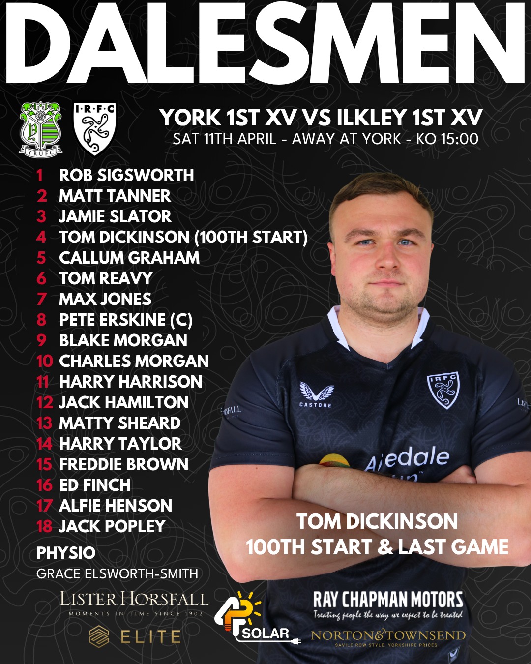 Your last league match of the season for our 1st XV this weekend with our York double header away at York.
Our 3rd XV host Ripon at Stacks Field too. All matches kick off at 15:00.
A huge occasion this weekend as Tom Dickinson makes his 100th 1st XV start for Ilkley, and brings the curtain down on his playing career. A brilliant achievement and a fitting milestone for someone who has given so much to the club over the years.
Tom has been a constant for the 1st XV, setting the tone with his physicality, work rate and presence around the park, regularly standing out for his impact in both attack and defence. A proper servant to the club and a player who will be missed around Stacks Field.
Blake Morgan also takes to the field for the final time this weekend as he retires from the 15 a side game, bringing to a close a career that’s been nothing short of relentless in commitment to Ilkley.
Playing on despite serious knee issues and without an ACL, Blake has shown a level of toughness and dedication that sets him apart, giving everything for the shirt every time he stepped on the pitch. A massive presence in the side and a proper clubman, he’ll be hugely missed.
As always if you can’t make it to York, tune in to Drystone Radio to listen to live 1st XV commentary at drystoneradio.com
Saturday 11th April
York 1st XV vs Ilkley 1st XV - Away at York - League - KO 15:00
York 2nd XV vs Ilkley 2nd XV - Away at York - Friendly - KO 15:00
Ilkley 3rd XV vs Ripon 2nd XV - Home at Ilkley - League - KO 15:00
#uptheilk #ilkleyrugbyclub #100percentilk #COYD