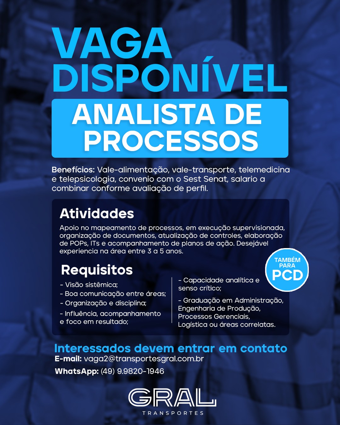 🚨 OPORTUNIDADE – ANALISTA DE PROCESSOS – CHAPECÓ/SC
Se você tem perfil analítico, curte organizar processos e transformar rotina em eficiência de verdade, essa vaga pode ser o próximo passo da sua carreira.
Ambiente estruturado, foco em melhoria contínua e espaço pra quem quer gerar resultado na prática.
📩 Envie seu currículo: vaga2@transportesgral.com.br
📱 WhatsApp: (49) 9 9820-1946
Se conhece alguém com esse perfil, já marca ou compartilha.