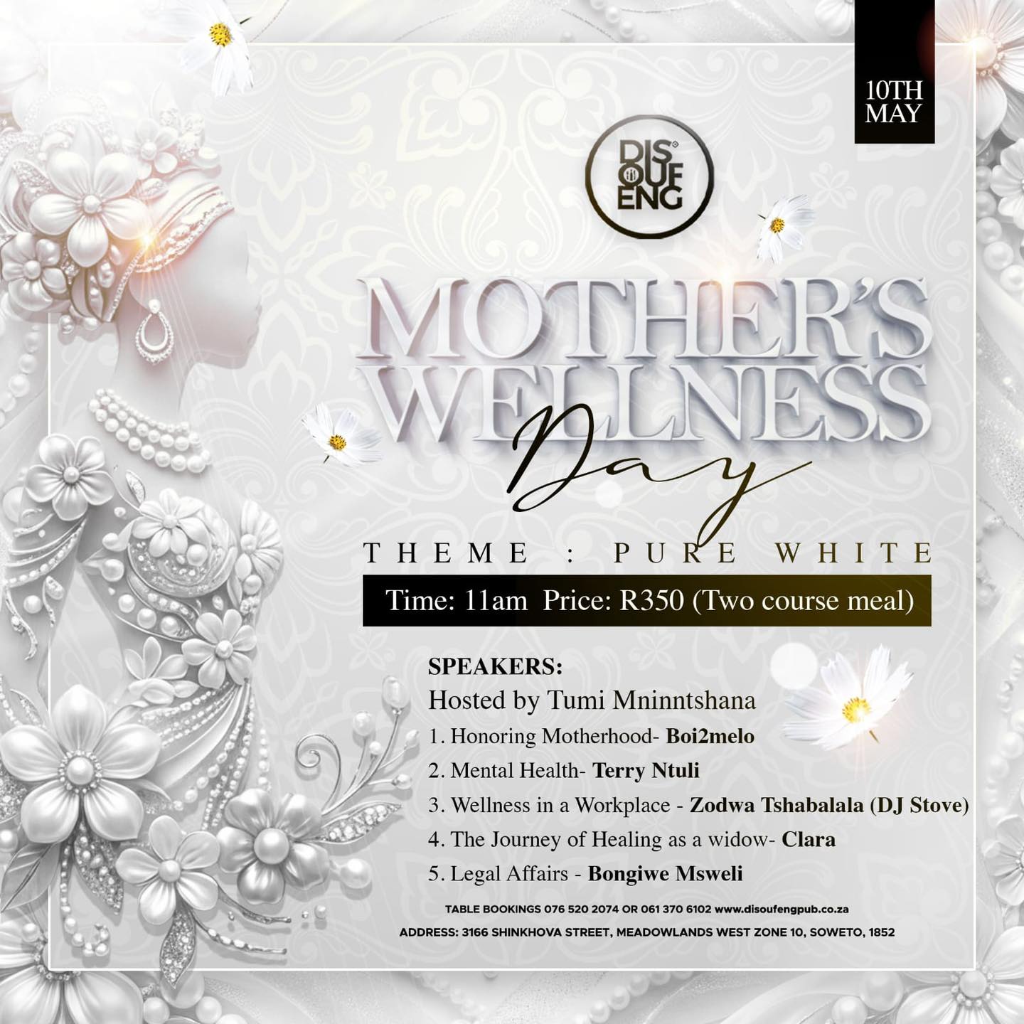 Soft, powerful, and intentional 🤍✨
Join us for a beautiful Mother’s Wellness Day — a space to celebrate, heal, and pour back into yourself. From meaningful conversations to a curated two-course experience, this is more than an event… it’s a moment for every woman.
🗓 10 May
⏰ 11AM
🤍 Theme: Pure White
🎟 R350 (Two-course meal included)
Featuring powerful conversations on motherhood, mental health, healing, wellness in the workplace, and legal matters.
Secure your seat now — limited spots available.