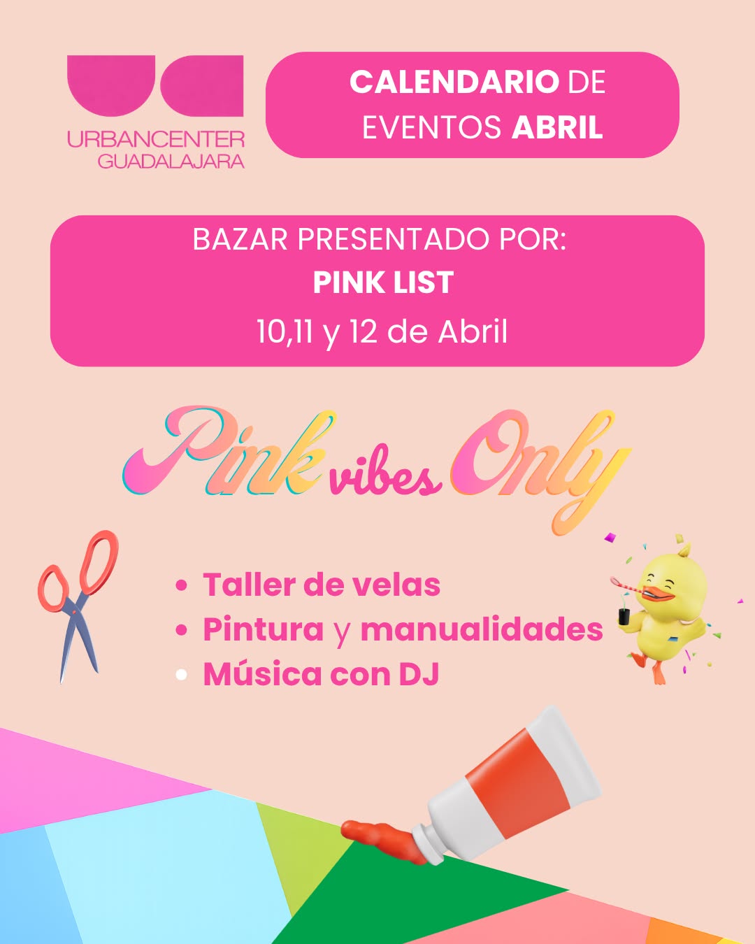 Pink vibes only 💖
Este 10, 11 y 12 de abril disfruta del bazar presentado por @pinklist.mx , con talleres, actividades creativas y música para ambientar tu día.
Un plan ideal para disfrutar el fin de semana en Urban Center Guadalajara ✨
#PinkList #ViveUrbanCenter #TuEncuentroConTodo