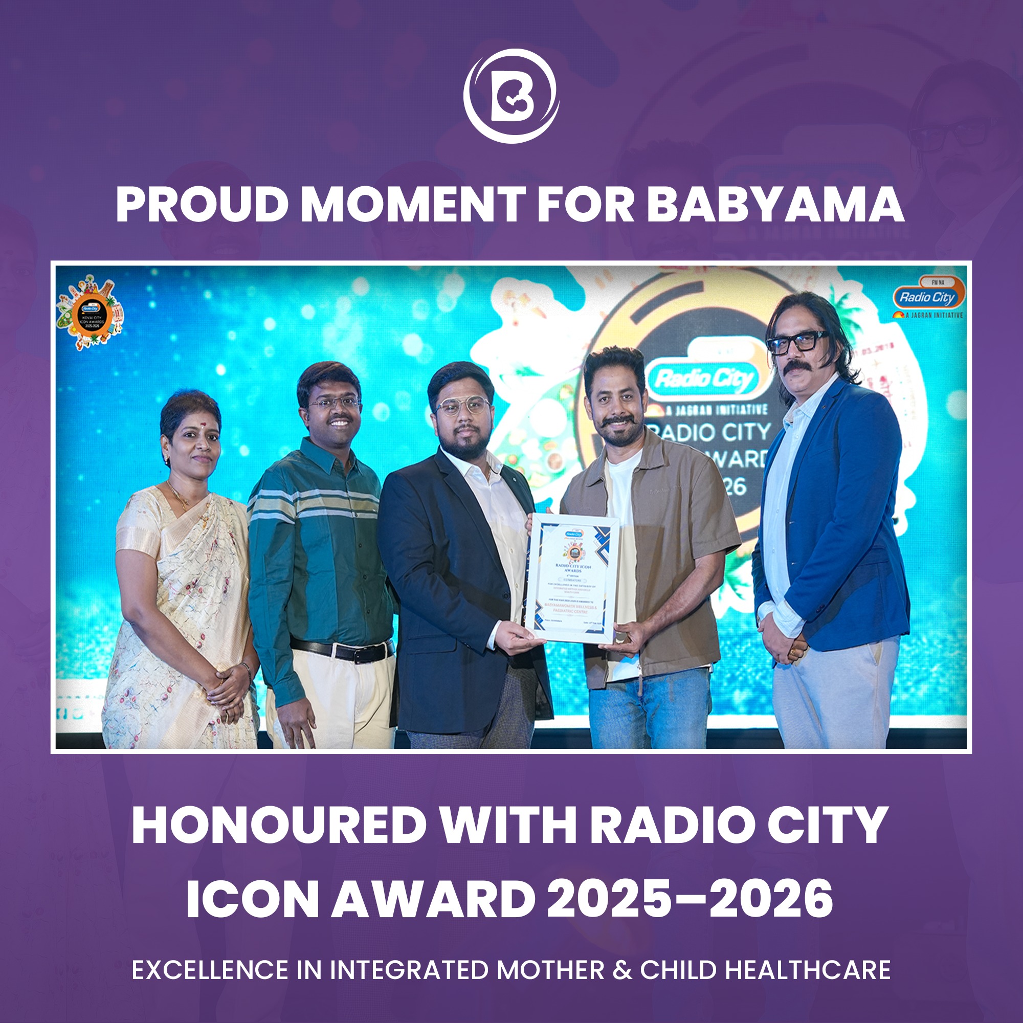 A proud moment for all of us at Babyama 💜
We are truly honoured to receive the Radio City Icon Award 2025–2026, Coimbatore 🏆
for Excellence in Integrated Mother & Child Healthcare
This recognition reflects the trust of every mother who chose us,
the smiles of every little life we cared for,
and the dedication of our entire team 🤍
#babyama #radiocity #award #ProudMoment #coimbatore #parenting