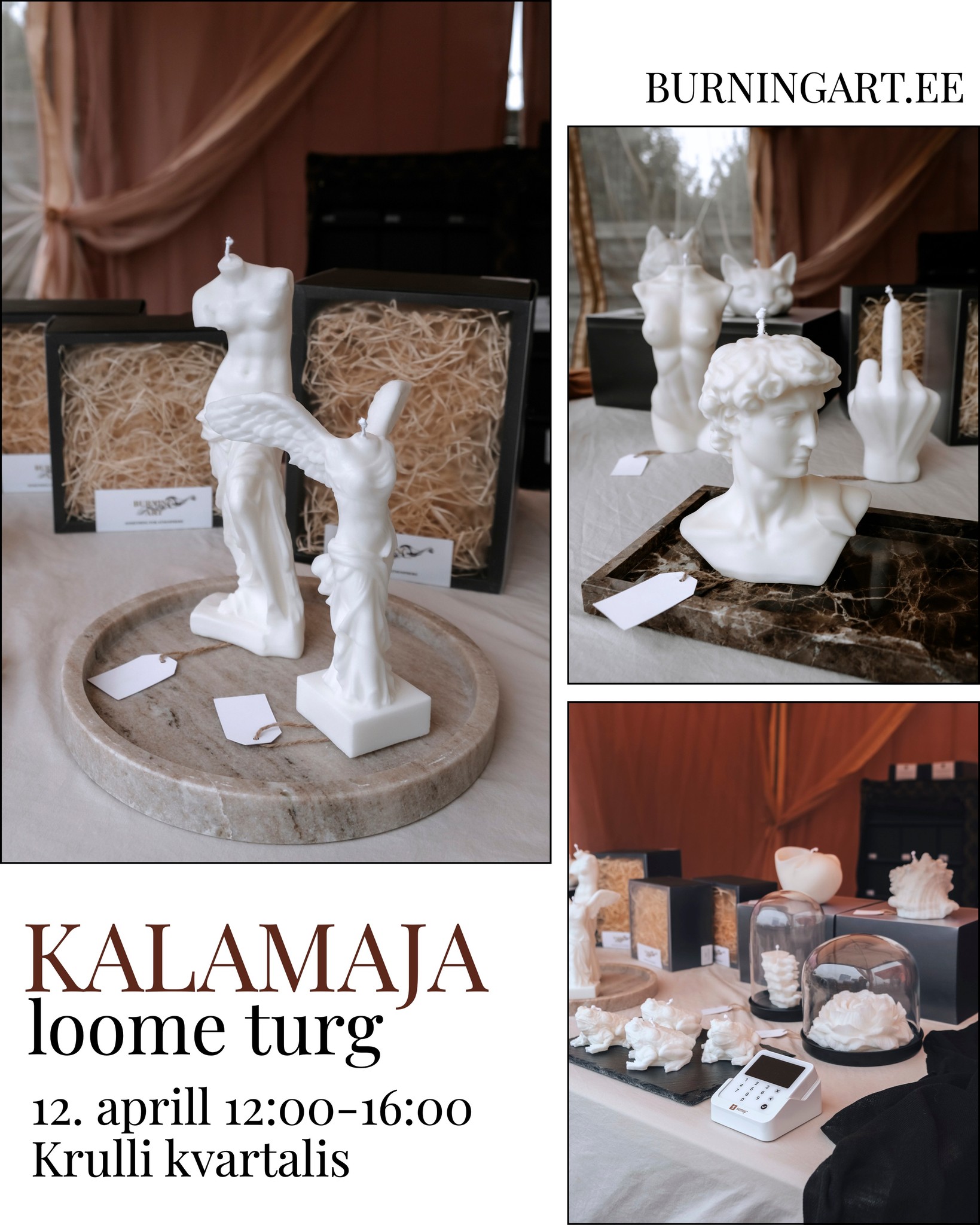 ✨ Täna kohtume Kalamaja loome turul! ✨
Täna, 12. aprill kell 12:00–16:00, leiad meie pop-up poe Krulli kvartalis 🕯️🤍
Tule avastama meie Burning Art skulptuurseid küünlaid, tunnetama nende tekstuuri ja leidma oma lemmiku otse kohapeal. See on ideaalne võimalus näha meie loomingut lähedalt ja valida midagi erilist oma koju või kingituseks.
Ootame sind hubases ja loovas atmosfääris - kohtumiseni Kalamaja loome turul! ✨
✨ burningart.ee
-
✨ Today we meet at the Kalamaja Creative Market! ✨
Today, April 12, from 12:00 to 16:00, you can find our pop-up store at Krulli Quarter 🕯️🤍
Come discover our Burning Art sculptural candles, feel their texture, and find your favorite piece in person. It’s a perfect opportunity to see our creations up close and choose something special for your home or as a gift.
We look forward to welcoming you in a cozy and creative atmosphere - see you at the Kalamaja Creative Market! ✨
✨ burningart.ee
#kalamajaloometurg #popupstore #tallinnevents #käsitöö #burningart