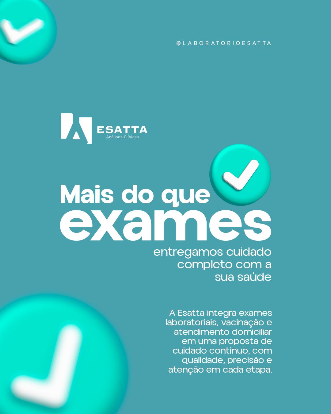 Quando falamos em saúde, não se trata apenas de realizar exames, mas de oferecer uma estrutura que realmente acompanhe o paciente.
A Esatta evoluiu para ser mais do que um laboratório: hoje atua como um centro de cuidado completo, integrando diferentes serviços que facilitam o dia a dia e ampliam o acesso à saúde.
Exames, vacinação e coleta domiciliar fazem parte de uma mesma proposta: cuidar com proximidade, qualidade e responsabilidade.
Porque um bom atendimento vai além do resultado. Ele está em toda a experiência.
➡️Clique no Link na Bio e faça seu agendamento!