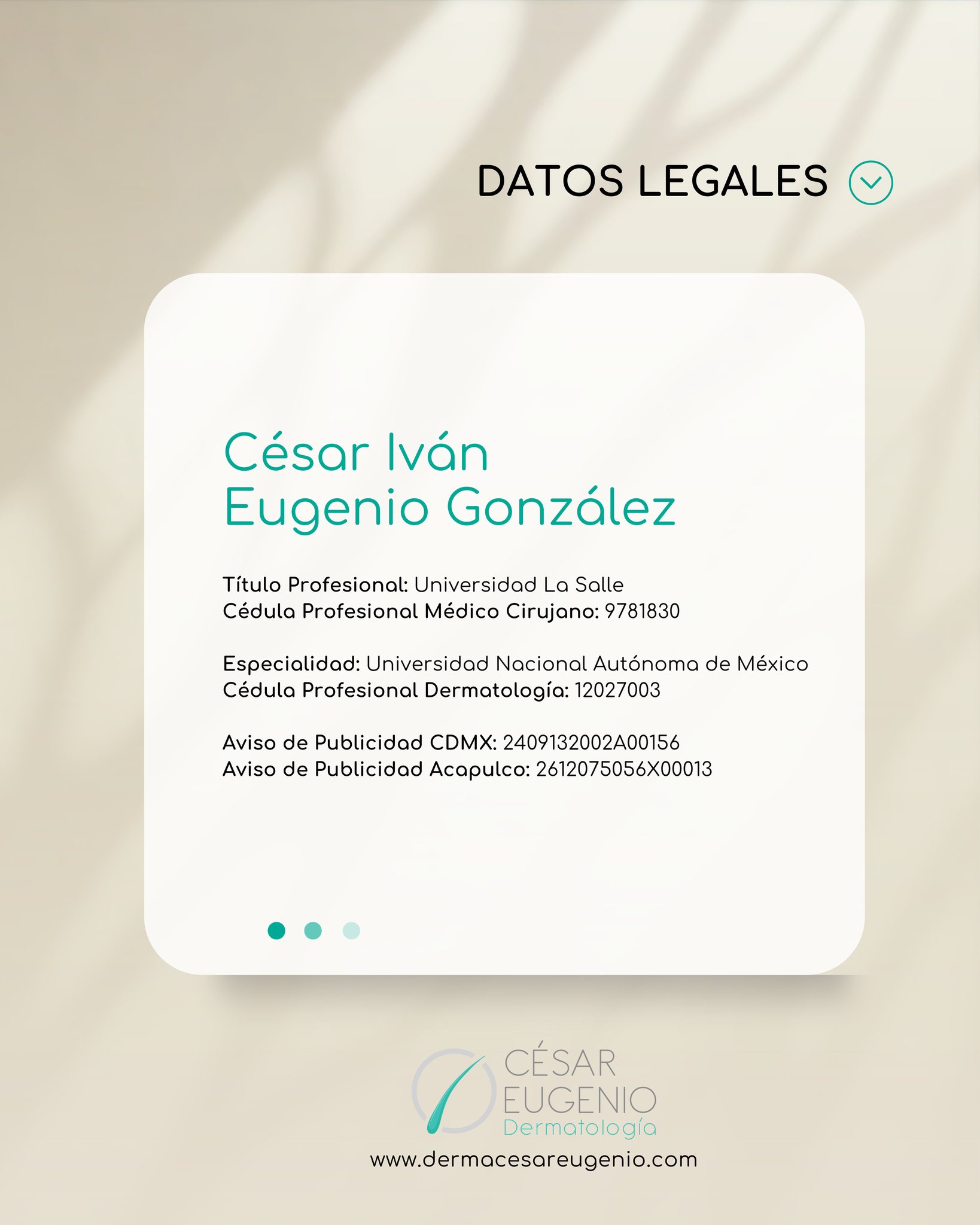 Estos datos forman parte de lo que la ley solicita, pero también de nuestro compromiso con una práctica médica responsable y transparente.
🩺 Tu seguridad y confianza siempre son prioridad.
— Dr. César Eugenio