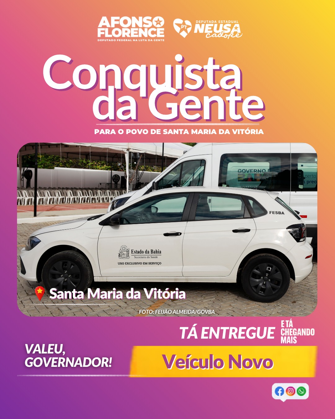 Santa Maria da Vitória recebeu um carro administrativo novinho para fortalecer os serviços do município. É mais uma conquista da gente, com trabalho e compromisso com o povo. Obrigada, governador Jerônimo! #NeusaCadore #AfonsoFlorence