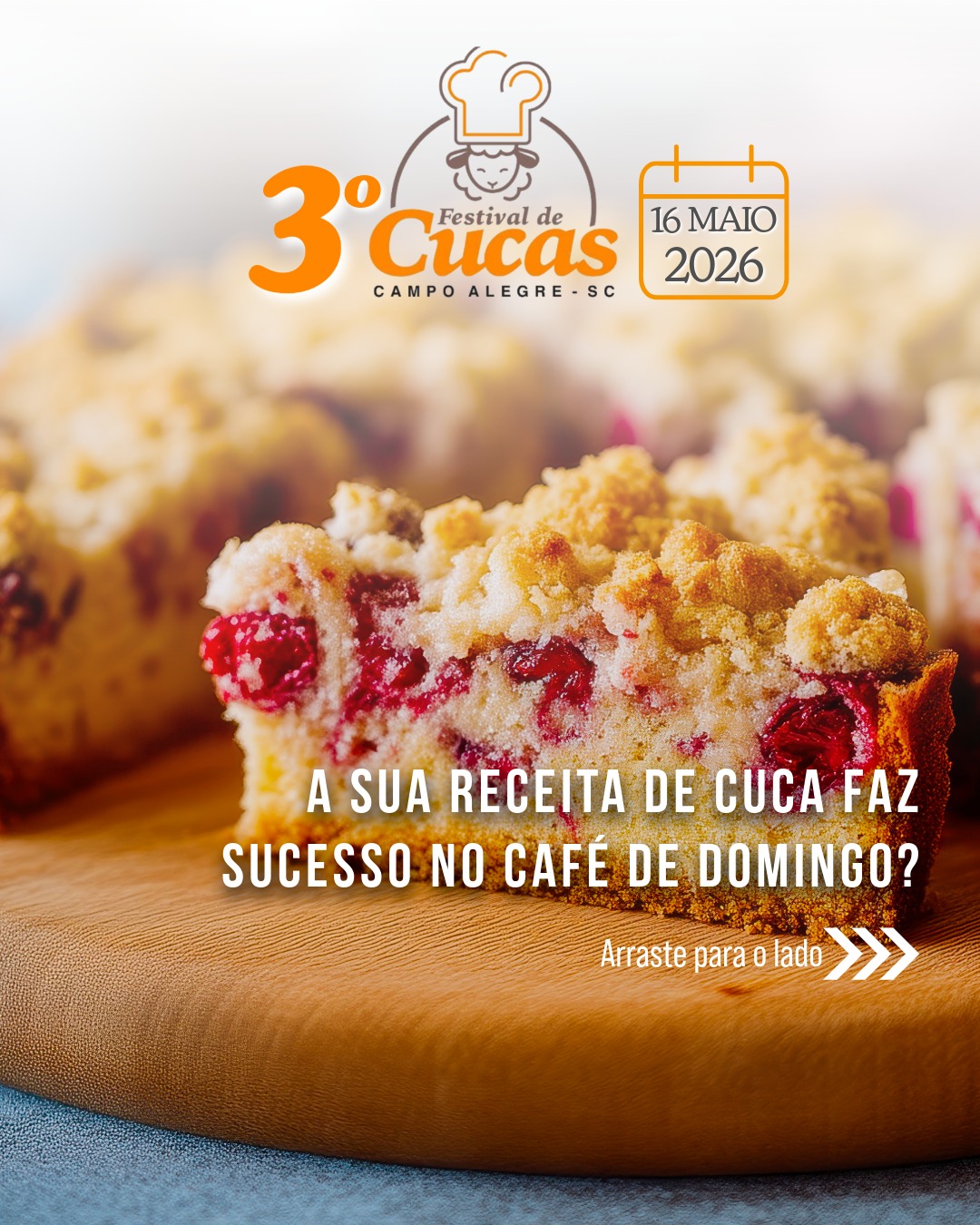 Sabe aquela receita de cuca da sua família que todo mundo pede bis? Ela pode ser a grande campeã do nosso festival! 🏆🍰
Vem aí o 3º Festival de Cucas de Campo Alegre! Uma tarde inteira dedicada a essa delícia que é a cara da nossa região. Prepare-se para um evento recheado de sabor e tradição!
Se você tem a mão boa para a massa, venha participar da nossa competição. Além de manter viva a nossa cultura, você concorre a prêmios incríveis em dinheiro:
🥇 1º Lugar: R$ 800,00
🥈 2º Lugar: R$ 400,00
🚨 Atenção: As inscrições vão só até o dia 5 de maio! 📲 Garanta sua participação pelo WhatsApp: (47) 99652-7469
Mas e para quem só quer comer? 🤤
O evento é para todos! No dia 16 de maio, você poderá se deliciar com um café da tarde maravilhoso acompanhado das cucas premiadas.
E tem mais:
🛍️ Venda das cucas das 6 receitas finalistas para você levar para casa;
🧀 Feirinha com produtos coloniais fresquinhos;
🎶 Diversas atrações culturais para animar toda a família!
Marque nos comentários aquela pessoa que faz uma cuca maravilhosa e que PRECISA se inscrever! 👇
🗓️ Quando: 16 de Maio
📍 Onde: Salão da Igreja Luterana de Campo Alegre
🌐 Mais informações: www.visitecampoalegre.com.br
#FestivalDeCucas #CampoAlegre #CucaAlema #ReceitaDeFamilia #Tradiçao #CulinariaArtesanal #VisiteCampoAlegre #SantaCatarina #Cucas #ConcursoCulinario