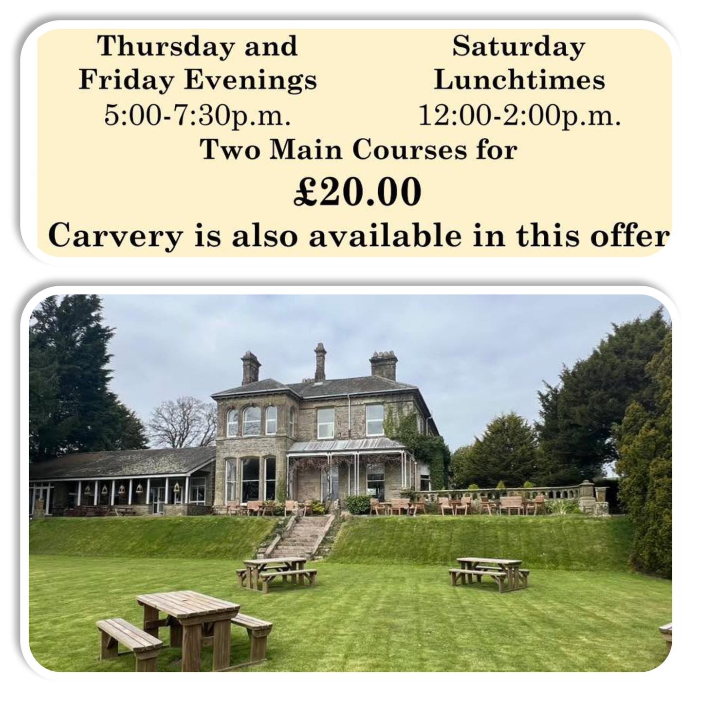 Thursday and Friday Evenings
2 Main corses including carvery for £20
Kids special in April - Main corse for £1 (see terms)
01900 824400
#carvery
01900 824400